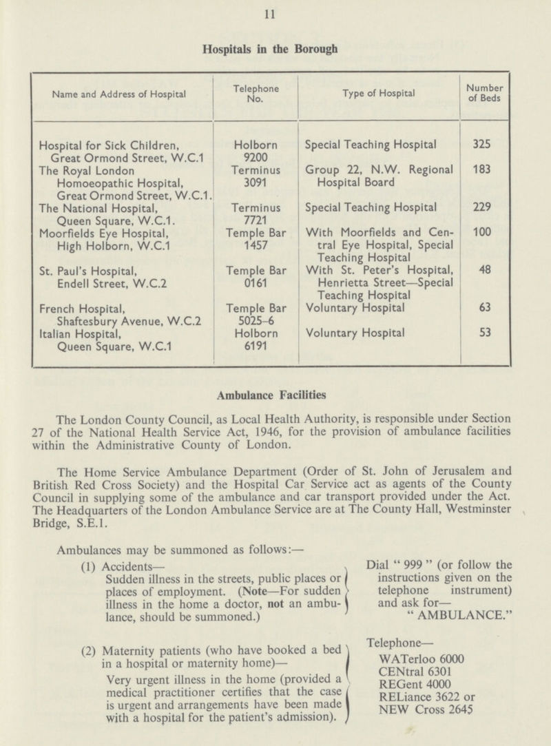 11 Hospitals in the Borough Name and Address of Hospital Telephone No. Type of Hospital Number of Beds Hospital for Sick Children, Holborn Special Teaching Hospital 325 Great Ormond Street, W.C.1 9200 The Royal London Terminus Group 22, N.W. Regional 183 Homoeopathic Hospital, 3091 Hospital Board Great Ormond Street, W.C.1. The National Hospital, Terminus Special Teaching Hospital 229 Queen Square, W.C.1. 7721 Moorfields Eye Hospital, Temple Bar With Moorfields and Cen- 100 High Holborn, W.C.1 1457 tral Eye Hospital, Special Teaching Hospital St. Paul's Hospital, Ended Street, W.C.2 Temple Bar 0161 With St. Peter's Hospital, Henrietta Street—Special Teaching Hospital 48 French Hospital, Shaftesbury Avenue, W.C.2 Temple Bar 5025-6 Voluntary Hospital 63 Italian Hospital, Holborn Voluntary Hospital 53 Queen Square, W.C.1 6191 Ambulance Facilities The London County Council, as Local Health Authority, is responsible under Section 27 of the National Health Service Act, 1946, for the provision of ambulance facilities within the Administrative County of London. The Home Service Ambulance Department (Order of St. John of Jerusalem and British Red Cross Society) and the Hospital Car Service act as agents of the County Council in supplying some of the ambulance and car transport provided under the Act. The Headquarters of the London Ambulance Service are at The County Hall, Westminster Bridge, S.E.I. Ambulances may be summoned as follows:— (1) Accidents— Dial  999  (or follow the Sudden illness in the streets, public places or instructions given on the places of employment. (Note—For sudden telephone instrument) illness in the home a doctor, not an ambu- and ask for— lance, should be summoned.)  AMBULANCE. (2) Maternity patients (who have booked a bed Telephone in a hospital or maternity home)— WATerloo 6000 CENtral 6301 Very urgent illness in the home (provided a REGent 4000 medical practitioner certifies that the case RELiance 3622 or is urgent and arrangements have been made NEW Cross with a hospital for the patient's admission).