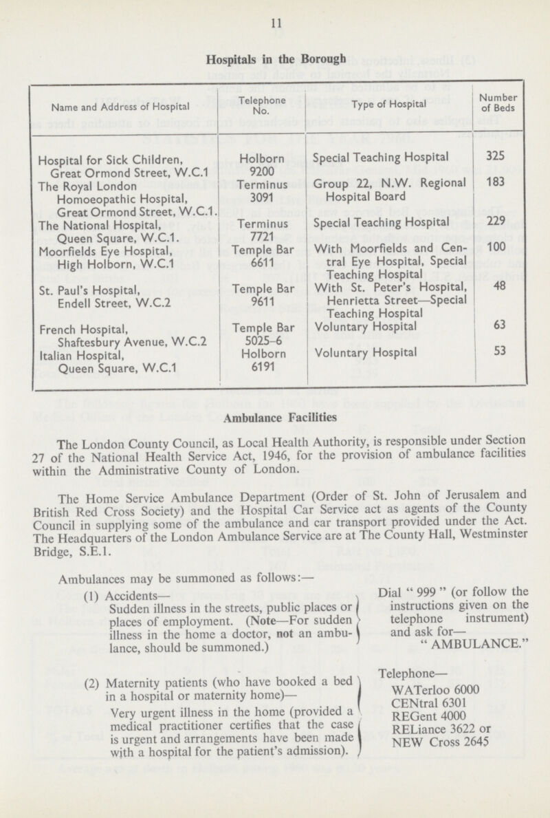 11 Hospitals in the Borough Name and Address of Hospital Telephone No. Type of Hospital Number of Beds Hospital for Sick Children, Great Ormond Street, W.C.1 Holborn 9200 Special Teaching Hospital 325 The Royal London Homoeopathic Hospital, Great Ormond Street, W.C.1. Terminus 3091 Group 22, N.W. Regional Hospital Board 183 The National Hospital, Queen Square, W.C.1. Terminus 7721 Special Teaching Hospital 229 Moorfields Eye Hospital, High Holborn, W.C.1 Temple Bar 6611 With Moorfields and Cen tral Eye Hospital, Special Teaching Hospital 100 St. Paul's Hospital, Endell Street, W.C.2 Temple Bar 9611 With St. Peter's Hospital, Henrietta Street—Special Teaching Hospital 48 French Hospital, Shaftesbury Avenue, W.C.2 Temple Bar 5025-6 Voluntary Hospital 63 Italian Hospital, Queen Square, W.C.1 Holborn 6191 Voluntary Hospital 53 Ambulance Facilities The London County Council, as Local Health Authority, is responsible under Section 27 of the National Health Service Act, 1946, for the provision of ambulance facilities within the Administrative County of London. The Home Service Ambulance Department (Order of St. John of Jerusalem and British Red Cross Society) and the Hospital Car Service act as agents of the County Council in supplying some of the ambulance and car transport provided under the Act. The Headquarters of the London Ambulance Service are at The County Hall, Westminster Bridge, S.E.I. Ambulances may be summoned as follows:— (1) Accidents— Sudden illness in the streets, public places or places of employment. (Note—For sudden illness in the home a doctor, not an ambu lance, should be summoned.) Dial  999  (or follow the instructions given on the telephone instrument) and ask for— AMBULANCE. (2) Maternity patients (who have booked a bed in a hospital or maternity home)— Very urgent illness in the home (provided a medical practitioner certifies that the case is urgent and arrangements have been made with a hospital for the patient's admission). Telephone— WATerloo 6000 CENtral 6301 REGent 4000 RELiance 3622 or NEW Cross 2645