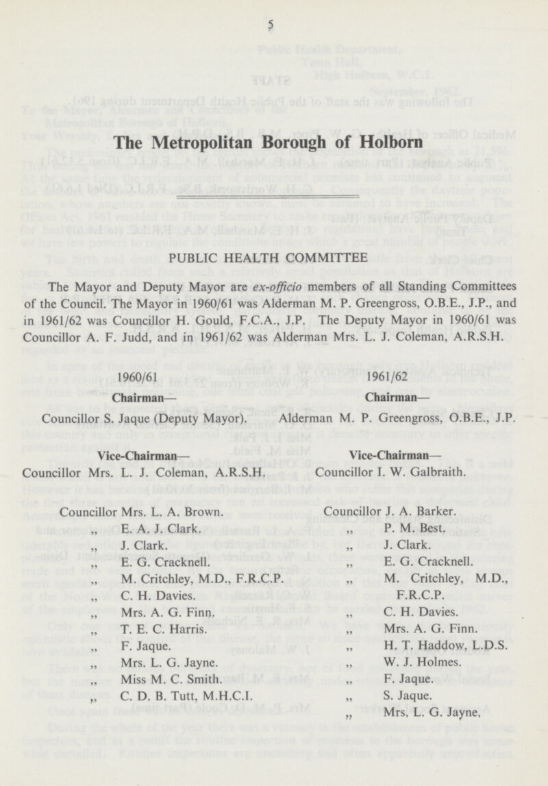 5 The Metropolitan Borough of Holborn PUBLIC HEALTH COMMITTEE The Mayor and Deputy Mayor are ex-officio members of all Standing Committees of the Council. The Mayor in 1960/61 was Alderman M. P. Greengross, O.B.E., J.P., and in 1961/62 was Councillor H. Gould, F.C.A., J.P. The Deputy Mayor in 1960/61 was Councillor A. F. Judd, and in 1961/62 was Alderman Mrs. L. J. Coleman, A.R.S.H. 1960/61 1961/62 Chairman— Chairman- Councillor S. Jaque (Deputy Mayor). Alderman M. P. Greengross, O.B.E., J.P. Vice-Chairman— Vice-Chairman— Councillor Mrs. L. J. Coleman, A.R.S.H. Councillor I. W. Galbraith. Councillor Mrs. L. A. Brown. Councillor J. A. Barker. ,, E. A. J. Clark. „ P. M. Best. ,, J. Clark. „ J. Clark. „ E. G. Cracknell. „ E. G. Cracknell. „ M. Critchley, M.D., F.R.C.P. „ M. Critchley, M.D., „ C. H. Davies. F.R.C.P. „ Mrs. A. G. Finn. „ C. H. Davies. „ T. E. C. Harris. „ Mrs. A. G. Finn. „ F. Jaque. „ H. T. Haddow, L.D.S. „ Mrs. L. G. Jayne. „ W. J. Holmes. „ Miss M. C. Smith. „ F. Jaque. „ C. D. B. Tutt, M.H.C.I. „ S. Jaque. „ Mrs, L. G. Jayne,