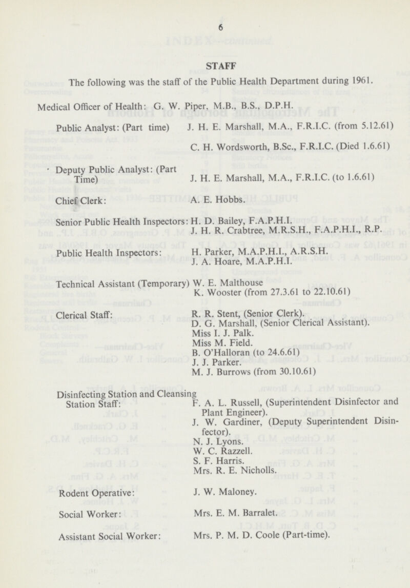 6 STAFF The following was the staff of the Public Health Department during 1961. Medical Officer of Health: G. W. Piper, M.B., B.S., D.P.H. Public Analyst: (Part time) J. H. E. Marshall, M.A., F.R.I.C. (from 5.12.61) C. H. Wordsworth, B.Sc., F.R.I.C. (Died 1.6.61) Deputy Public Analyst: (Part Time) J. H. E. Marshall, M.A., F.R.I.C. (to 1.6.61) Chief Clerk: A. E. Hobbs. Senior Public Health Inspectors: H. D. Bailey, F.A.P.H.I. J. H. R. Crabtree, M.R.S.H., F.A.P.H.I., R.P. Public Health Inspectors: H. Parker, M.A.P.H.I., A.R.S.H. J. A. Hoare, M.A.P.H.I. Technical Assistant (Temporary) W. E. Malthouse K. Wooster (from 27.3.61 to 22.10.61) Clerical Staff: R. R. Stent, (Senior Clerk). D. G. Marshall, (Senior Clerical Assistant). Miss I. J. Palk. Miss M. Field. B.O'Halloran (to 24.6.61) J. J. Parker. M. J. Burrows (from 30.10.61) Disinfecting Station and Cleansing Station Staff: F. A. L. Russell, (Superintendent Disinfector and Plant Engineer). J. W. Gardiner, (Deputy Superintendent Disin fector). N. J. Lyons. W. C. Razzell. S. F. Harris. Mrs. R. E. Nicholls. Rodent Operative: J. W. Maloney. Social Worker: Mrs. E. M. Barralet. Assistant Social Worker: Mrs. P. M. D. Coole (Part-time).