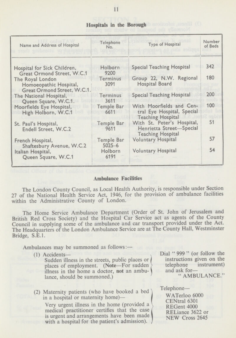 11 Hospitals in the Borough Name and Address of Hospital Telephone No. Type of Hospital Number of Beds Hospital for Sick Children, Great Ormond Street, W.C.1 Holborn 9200 Special Teaching Hospital 342 The Royal London Homoeopathic Hospital, Great Ormond Street, W.C.1 Terminus 3091 Group 22, N.W. Regional Hospital Board 180 The National Hospital, Queen Square, W.C.1. Terminus 3611 Special Teaching Hospital 200 Moorfields Eye Hospital, High Holborn, W.C.1 Temple Bar 6611 With Moorfields and Cen tral Eye Hospital, Special Teaching Hospital 100 St. Paul's Hospital, Endell Street, W.C.2 Temple Bar 9611 With St. Peter's Hospital, Henrietta Street—Special Teaching Hospital 51 French Hospital, Shaftesbury Avenue, W.C.2 Temple Bar 5025-6 Voluntary Hospital 57 Italian Hospital, Queen Square, W.C.1 Holborn 6191 Voluntary Hospital 54 Ambulance Facilities The London County Council, as Local Health Authority, is responsible under Section 27 of the National Health Service Act, 1946, for the provision of ambulance facilities within the Administrative County of London. The Home Service Ambulance Department (Order of St. John of Jerusalem and British Red Cross Society) and the Hospital Car Service act as agents of the County Council in supplying some of the ambulance and car transport provided under the Act. The Headquarters of the London Ambulance Service are at The County Hall, Westminster Bridge, S.E.I. Ambulances may be summoned as follows:— (1) Accidents— Dial 999 (or follow the Sudden illness in the streets, public places or instructions given on the places of employment. (Note—For sudden telephone instrument) illness in the home a doctor, not an ambu- and ask for— lance, should be summoned.) AMBULANCE (2) Maternity patients (who have booked a bed Telephone in a hospital or maternity home)— WATerloo 6000 CENtral 6301 Very urgent illness in the home (provided a REGent 4000 medical practitioner certifies that the case RELiance 3622 or is urgent and arrangements have been made NEW Cross 2645 with a hospital for the patient's admission).