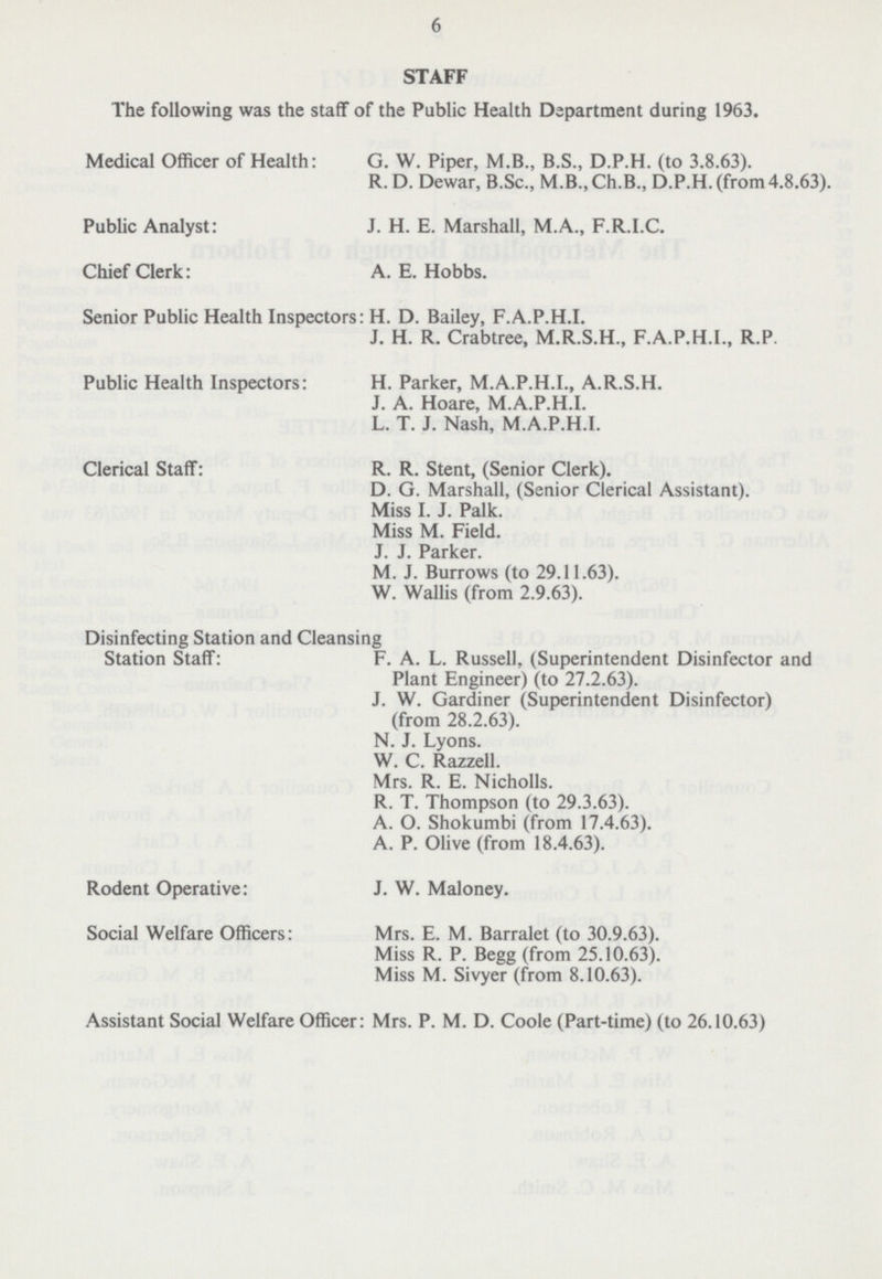 6 STAFF The following was the staff of the Public Health Department during 1963. Medical Officer of Health: G. W. Piper, M.B., B.S., D.P.H. (to 3.8.63). R. D. Dewar, B.Sc., M.B.,Ch.B., D.P.H. (from 4.8.63). Public Analyst: J. H. E. Marshall, M.A., F.R.I.C. Chief Clerk: A. E. Hobbs. Senior Public Health Inspectors: H. D. Bailey, F.A.P.H.I. J. H. R. Crabtree, M.R.S.H., F.A.P.H.I., R.P. Public Health Inspectors: H. Parker, M.A.P.H.I., A.R.S.H. J. A. Hoare, M.A.P.H.I. L. T. J. Nash, M.A.P.H.I. Clerical Staff: R. R. Stent, (Senior Clerk). D. G. Marshall, (Senior Clerical Assistant). Miss I. J. Palk. Miss M. Field. J. J. Parker. M. J. Burrows (to 29.11.63). W. Wallis (from 2.9.63). Disinfecting Station and Cleansing Station Staff: F. A. L. Russell, (Superintendent Disinfector and Plant Engineer) (to 27.2.63). J. W. Gardiner (Superintendent Disinfector) (from 28.2.63). N. J. Lyons. W. C. Razzell. Mrs. R. E. Nicholls. R. T. Thompson (to 29.3.63). A. O. Shokumbi (from 17.4.63). A. P. Olive (from 18.4.63). Rodent Operative: J. W. Maloney. Social Welfare Officers: Mrs. E. M. Barralet (to 30.9.63). Miss R. P. Begg (from 25.10.63). Miss M. Sivyer (from 8.10.63). Assistant Social Welfare Officer: Mrs. P. M. D. Coole (Part-time) (to 26.10.63)
