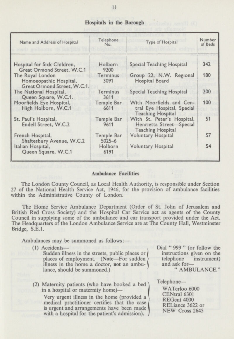 11 Hospitals in the Borough Name and Address of Hospital Telephone No. Type of Hospital Number of Beds Hospital for Sick Children, Great Ormond Street, W.C.1 Holborn 9200 Special Teaching Hospital 342 The Royal London Homoeopathic Hospital, Great Ormond Street, W.C.1. Terminus 3091 Group 22, N.W. Regional Hospital Board 180 The National Hospital, Queen Square, W.C.1. Terminus 3611 Special Teaching Hospital 200 Moorfields Eye Hospital, High Holborn, W.C.1 Temple Bar 6611 With Moorfields and Cen tral Eye Hospital, Special Teaching Hospital 100 St. Paul's Hospital, Endell Street, W.C.2 Temple Bar 9611 With St. Peter's Hospital, Henrietta Street—Special 51 French Hospital, Shaftesbury Avenue, W.C.2 Temple Bar 5025-6 Teaching Hospital Voluntary Hospital 57 Italian Hospital, Queen Square, W.C.1 Holborn 6191 Voluntary Hospital 54 Ambulance Facilities The London County Council, as Local Health Authority, is responsible under Section 27 of the National Health Service Act, 1946, for the provision of ambulance facilities within the Administrative County of London. The Home Service Ambulance Department (Order of St. John of Jerusalem and British Red Cross Society) and the Hospital Car Service act as agents of the County Council in supplying some of the ambulance and car transport provided under the Act. The Headquarters of the London Ambulance Service are at The County Hall, Westminster Bridge, S.E.I. Ambulances may be summoned as follows:— (1) Accidents— , Dial 999 (or follow the Sudden illness in the streets, public places or instructions given on the places of employment. (Note—For sudden telephone instrument) illness in the home a doctor, not an ambu- and ask for— lance, should be summoned.) AMBULANCE. (2) Maternity patients (who have booked a bed Telephone in a hospital or maternity home)— WATerloo 6000 Very urgent illness in the home (provided a RHGent 4000 medical practitioner certifies that the case RELiance 3622 or is urgent and arrangements have been made NEW Cross 2645 with a hospital for the patient's admission).