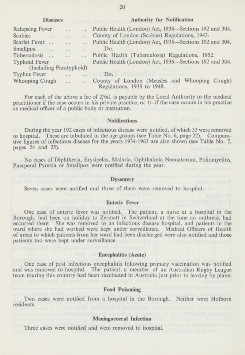 20 Diseases Authority for Notification Relapsing Fever Public Health (London) Act, 1936—Sections 192 and 304. Scabies County of London (Scabies) Regulations, 1943. Scarlet Fever Public Health (London) Act, 1936—Sections 192 and 304. Smallpox Do. Tuberculosis Public Health (Tuberculosis) Regulations, 1952. Typhoid Fever (Including Paratyphoid) Public Health (London) Act, 1936—Sections 192 and 304. Typhus Fever Do. Whooping Cough County of London (Measles and Whooping Cough) Regulations, 1938 to 1948. For each of the above a fee of 2/6d. is payable by the Local Authority to the medical practitioner if the case occurs in his private practice, or 1/- if the case occurs in his practice as medical officer of a public body or institution. Notifications During the year 192 cases of infectious disease were notified, of which 33 were removed to hospital. These are tabulated in the age groups (see Table No. 6, page 22). Comparative figures of infectious disease for the years 1934-1963 are also shown (see Table No. 7, pages 24 and 25). No cases of Diphtheria, Erysipelas, Malaria, Ophthalmia Neonatorum, Poliomyelitis, Puerperal Pyrexia or Smallpox were notified during the year. Dysentery Seven cases were notified and three of them were removed to hospital. Enteric Fever One case of enteric fever was notified. The patient, a nurse at a hospital in the Borough, had been on holiday to Zermatt in Switzerland at the time an outbreak had occurred there. She was removed to an infectious disease hospital, and patients in the ward where she had worked were kept under surveillance. Medical Officers of Health of areas to which patients from her ward had been discharged were also notified and those patients too were kept under surveillance. Encephalitis (Acute) One case of post infectious encephalitis following primary vaccination was notified and was removed to hospital. The patient, a member of an Australian Rugby League team touring this country had been vaccinated in Australia just prior to leaving by plane. Food Poisoning Two cases were notified from a hospital in the Borough. Neither were Holborn residents. Meningococcal Infection Three cases were notified and were removed to hospital.