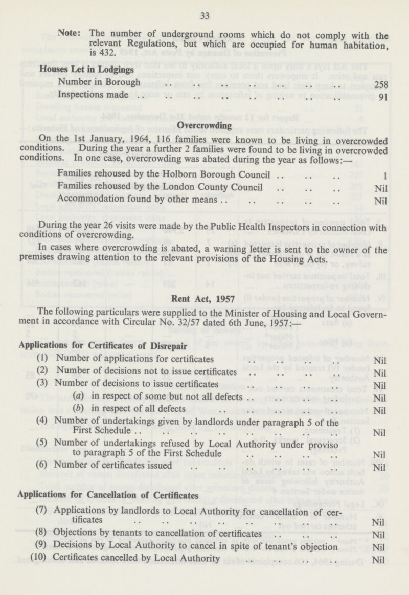 33 Note: The number of underground rooms which do not comply with the relevant Regulations, but which are occupied for human habitation, is 432. Houses Let in Lodgings Number in Borough 258 Inspections made 91 Overcrowding On the 1st January, 1964, 116 families were known to be living in overcrowded conditions. During the year a further 2 families were found to be living in overcrowded conditions. In one case, overcrowding was abated during the year as follows:— Families rehoused by the Holborn Borough Council 1 Families rehoused by the London County Council Nil Accommodation found by other means Nil During the year 26 visits were made by the Public Health Inspectors in connection with conditions of overcrowding. In cases where overcrowding is abated, a warning letter is sent to the owner of the premises drawing attention to the relevant provisions of the Housing Acts. Rent Act, 1957 The following particulars were supplied to the Minister of Housing and Local Govern ment in accordance with Circular No. 32/57 dated 6th June, 1957:— Applications for Certificates of Disrepair (1) Number of applications for certificates Nil (2) Number of decisions not to issue certificates Nil (3) Number of decisions to issue certificates Nil (a) in respect of some but not all defects Nil (b) in respect of all defects Nil (4) Number of undertakings given by landlords under paragraph 5 of the First Schedule Nil (5) Number of undertakings refused by Local Authority under proviso to paragraph 5 of the First Schedule Nil (6) Number of certificates issued Nil Applications for Cancellation of Certificates (7) Applications by landlords to Local Authority for cancellation of cer tificates Nil (8) Objections by tenants to cancellation of certificates Nil (9) Decisions by Local Authority to cancel in spite of tenant's objection Nil (10) Certificates cancelled by Local Authority Nil