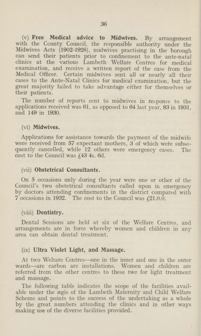 36 (v) Free Medical advice to Midwives. By arrangement with the County Council, the responsible authority under the Midwives Acts (1902-1926), midwives practising in the borough can send their patients prior to confinement to the ante-natal clinics at the various Lambeth Welfare Centres for medical examination, and receive a written report of the case from the Medical Officer. Certain midwives sent all or nearly all their cases to the Ante-Natal Clinics for medical examination, but the great majority failed to take advantage either for themselves or their patients. The number of reports sent to midwives in response to the applications received was 61, as opposed to 64 last year, 83 in 1931, and 149 in 1930. (vi) Midwives. Applications for assistance towards the payment of the midwife were received from 57 expectant mothers, 3 of which were subse quently cancelled, while 12 others were emergency cases. The cost to the Council was £43 4s. 6d. (vii) Obstetrical Consultants. On 5 occasions only during the year were one or other of the Council's two obstetrical consultants called upon in emergency by doctors attending confinements in the district compared with 7 occasions in 1932. The cost to the Council was £21.0.0. (viii) Dentistry. Dental Sessions are held at six of the Welfare Centres, and arrangements are in force whereby women and children in any area can obtain dental treatment. (ix) Ultra Violet Light, and Massage. At two Weltare Centres—one in the inner and one in the outer wards—are carbon arc installations. Women and children are referred from the other centres to these two for light treatment and massage. The following table indicates the scope of the facilities avail able under the aegis of the Lambeth Maternity and Child Welfare Scheme and points to the success of the undertaking as a whole by the great numbers attending the clinics and in other ways making use of the diverse facilities provided.
