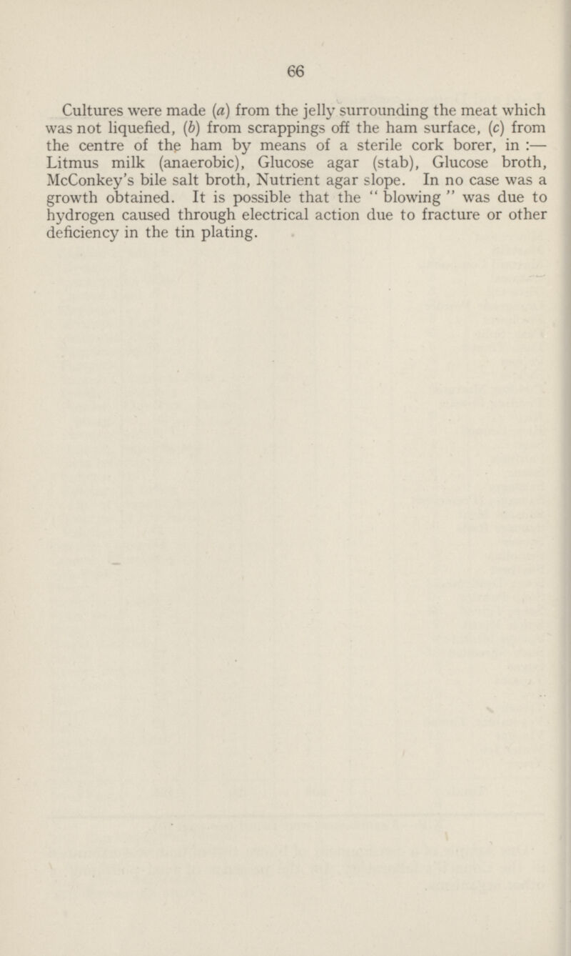 66 Cultures were made (a) from the jelly surrounding the meat which was not liquefied, (b) from scrappings off the ham surface, (c) from the centre of the ham by means of a sterile cork borer, in:— Litmus milk (anaerobic), Glucose agar (stab), Glucose broth, McConkey's bile salt broth, Nutrient agar slope. In no case was a growth obtained. It is possible that the blowing was due to hydrogen caused through electrical action due to fracture or other deficiency in the tin plating.
