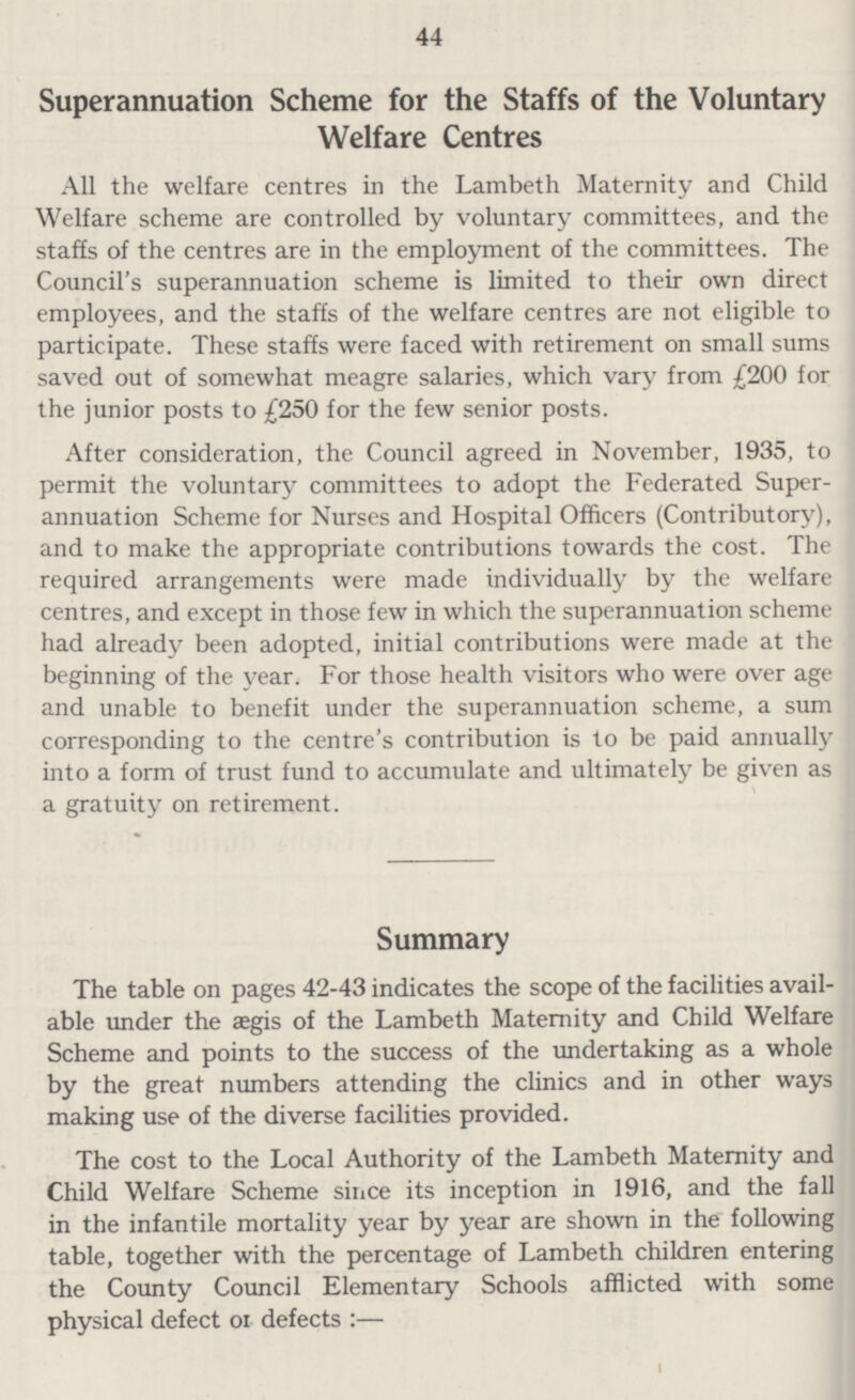 44 Superannuation Scheme for the Staffs of the Voluntary Welfare Centres All the welfare centres in the Lambeth Maternity and Child Welfare scheme are controlled by voluntary committees, and the staffs of the centres are in the employment of the committees. The Council's superannuation scheme is limited to their own direct employees, and the staffs of the welfare centres are not eligible to participate. These staffs were faced with retirement on small sums saved out of somewhat meagre salaries, which vary from £200 for the junior posts to £250 for the few senior posts. After consideration, the Council agreed in November, 1935, to permit the voluntary committees to adopt the Federated Super annuation Scheme for Nurses and Hospital Officers (Contributory), and to make the appropriate contributions towards the cost. The required arrangements were made individually by the welfare centres, and except in those few in which the superannuation scheme had already been adopted, initial contributions were made at the beginning of the year. For those health visitors who were over age and unable to benefit under the superannuation scheme, a sum corresponding to the centre's contribution is to be paid annually into a form of trust fund to accumulate and ultimately be given as a gratuity on retirement. Summary The table on pages 42-43 indicates the scope of the facilities avail able under the aegis of the Lambeth Maternity and Child Welfare Scheme and points to the success of the undertaking as a whole by the great numbers attending the clinics and in other ways making use of the diverse facilities provided. The cost to the Local Authority of the Lambeth Maternity and Child Welfare Scheme since its inception in 1916, and the fall in the infantile mortality year by year are shown in the following table, together with the percentage of Lambeth children entering the County Council Elementary Schools afflicted with some physical defect of defects:—
