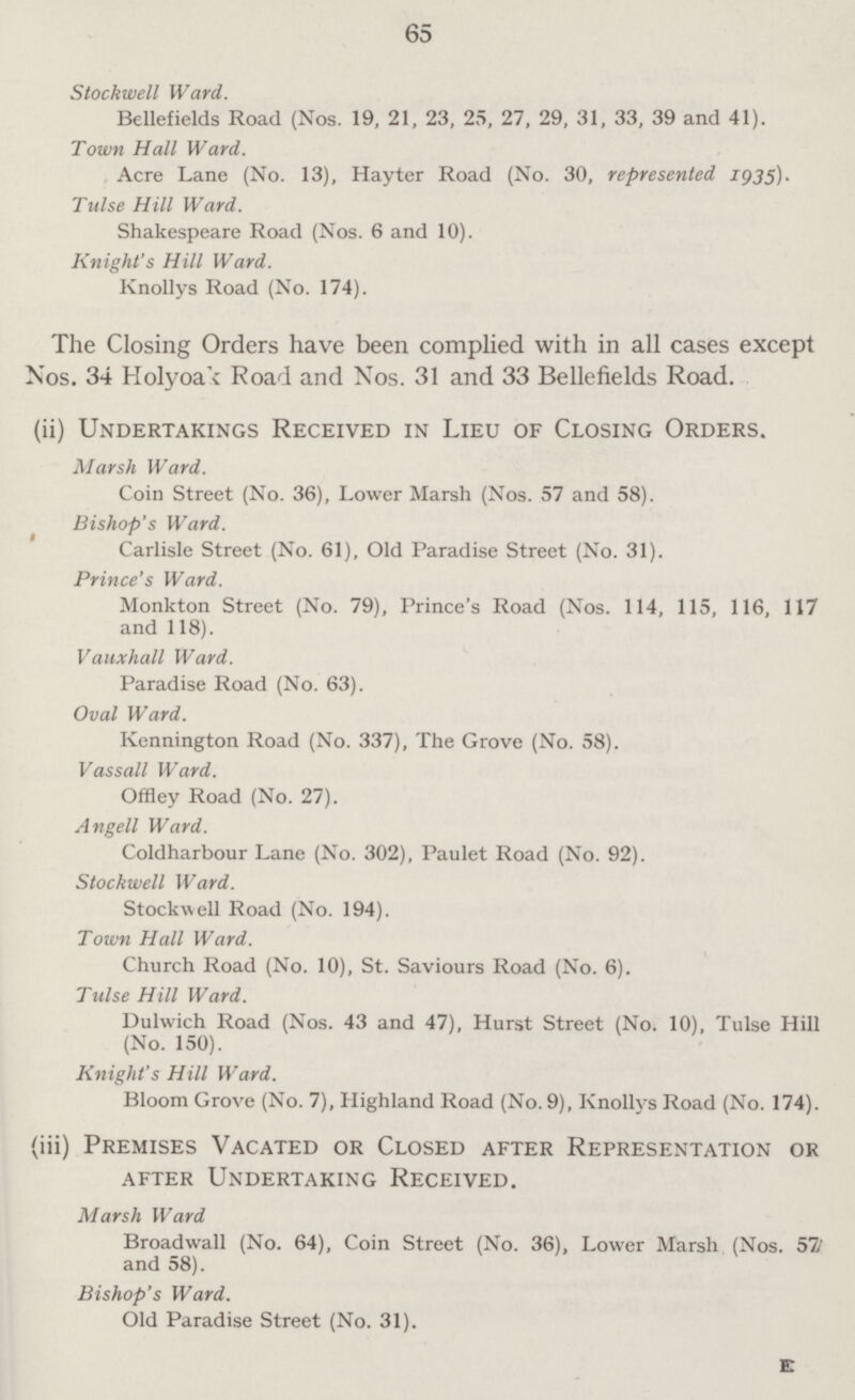 65 Stockwell Ward. Bellefields Road (Nos. 19, 21, 23, 25, 27, 29, 31, 33, 39 and 41). Town Hall Ward. Acre Lane (No. 13), Hayter Road (No. 30, represented 1935). Tulse Hill Ward. Shakespeare Road (Nos. 6 and 10). Knight's Hill Ward. Knollys Road (No. 174). The Closing Orders have been complied with in all cases except Nos. 34 Holyoak Road and Nos. 31 and 33 Bellefields Road. (ii) Undertakings Received in Lieu of Closing Orders. Marsh Ward. Coin Street (No. 36), Lower Marsh (Nos. 57 and 58). Bishop's Ward. Carlisle Street (No. 61), Old Paradise Street (No. 31). Prince's Ward. Monkton Street (No. 79), Prince's Road (Nos. 114, 115, 116, 117 and 118). Vauxhall Ward. Paradise Road (No. 63). Oval Ward. Kennington Road (No. 337), The Grove (No. 58). Vassall Ward. Offley Road (No. 27). Angell Ward. Coldharbour Lane (No. 302), Paulet Road (No. 92). Stockwell Ward. Stockwell Road (No. 194). Town Hall Ward. Church Road (No. 10), St. Saviours Road (No. 6). Tulse Hill Ward. Dulwich Road (Nos. 43 and 47), Hurst Street (No. 10), Tulse Hill (No. 150). Knight's Hill Ward. Bloom Grove (No. 7), Highland Road (No. 9), Knollys Road (No. 174). (iii) Premises Vacated or Closed after Representation or after Undertaking Received. Marsh Ward Broadwall (No. 64), Coin Street (No. 36), Lower Marsh (Nos. 57 and 58). Bishop's Ward. Old Paradise Street (No. 31). E