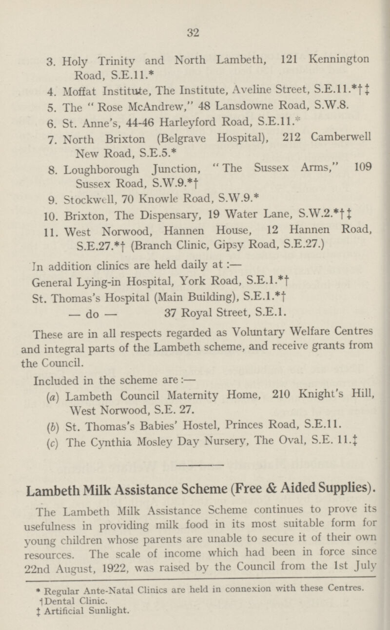 32 3. Holy Trinity and North Lambeth, 121 Kennington Road, S.E.I 1.* 4. Moffat Institute, The Institute, Aveline Street, S.E.I l.*|} 5. The  Rose McAndrew, 48 Lansdowne Road, S.W.8. 6. St. Anne's, 44-46 Harleyford Road, S.E.I 1.* 7. North Brixton (Belgrave Hospital), 212 Camberwell New Road, S.E.5.* 8. Loughborough Junction,  The Sussex Arms, 109 Sussex Road, S.W.9.*f 9. Stockwell, 70 Knowle Road, S.W.9.* 10. Brixton, The Dispensary, 19 Water Lane, S.W.2.*f} 11. West Norwood, Hannen House, 12 Hannen Road, S.E.27.*j (Branch Clinic, Gipsy Road, S.E.27.) In addition clinics are held daily at:— General Lying-in Hospital, York Road, S.E.I.*f St. Thomas's Hospital (Main Building), S.E.I. — do — 37 Royal Street, S.E.I. These are in all respects regarded as Voluntary Welfare Centres and integral parts of the Lambeth scheme, and receive grants from the Council. Included in the scheme are:— (a) Lambeth Council Maternity Home, 210 Knight's Hill, West Norwood, S.E. 27. (b) St. Thomas's Babies' Hostel, Princes Road, S.E.I 1. (c) The Cynthia Mosley Day Nursery, The Oval, S.E. 11.} Lambeth Milk Assistance Scheme (Free & Aided Supplies). The Lambeth Milk Assistance Scheme continues to prove its usefulness in providing milk food in its most suitable form for young children whose parents are unable to secure it of their own resources. The scale of income which had been in force since 22nd August, 1922, was raised by the Council from the 1st July * Regular Ante-Natal Clinics are held in connexion with these Centres. 1 Dental Clinic, t Artificial Sunlight.