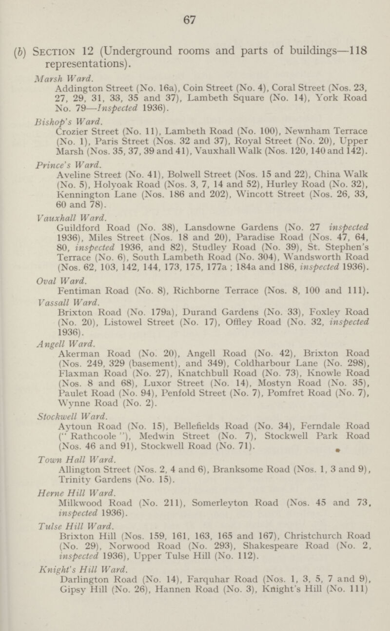 67 (b) Section 12 (Underground rooms and parts of buildings—118 representations). Marsh Ward. Addington Street (No. 16a), Coin Street (No. 4), Coral Street (Nos. 23, 27, 29, 31, 33, 35 and 37), Lambeth Square (No. 14), York Road No. 79—Inspected 1936). Bishop's Ward. Crozier Street (No. 11), Lambeth Road (No. 100), Newnham Terrace (No. 1), Paris Street (Nos. 32 and 37), Royal Street (No. 20), Upper Marsh (Nos. 35, 37, 39 and 41), Vauxhall Walk (Nos. 120, 140and 142). Prince's Ward. Aveline Street (No. 41), Bolwell Street (Nos. 15 and 22), China Walk (No. 5), Holyoak Road (Nos. 3, 7, 14 and 52), Hurley Road (No. 32), Kennington Lane (Nos. 186 and 202), W'incott Street (Nos. 26, 33, 60 and 78). Vauxhall Ward. Guildford Road (No. 38), Lansdowne Gardens (No. 27 inspected 1936), Miles Street (Nos. 18 and 20), Paradise Road (Nos. 47, 64, 80, inspected 1936, and 82), Studley Road (No. 39), St. Stephen's Terrace (No. 6), South Lambeth Road (No. 304), Wandsworth Road (Nos. 62, 103, 142, 144, 173, 175, 177a ; 184a and 186, inspected 1936). Oval Ward. Fentiman Road (No. 8), Richborne Terrace (Nos. 8, 100 and 111). Vassall Ward. Brixton Road (No. 179a), Durand Gardens (No. 33), Foxley Road (No. 20), Listowel Street (No. 17), Offley Road (No. 32, inspected 1936). Angell Ward. Akerman Road (No. 20), Angell Road (No. 42), Brixton Road (Nos. 249, 329 (basement), and 349), Coldharbour Lane (No. 298), Flaxman Road (No. 27), Knatchbull Road (No. 73), Knowle Road (Nos. 8 and 68), Luxor Street (No. 14), Mostyn Road (No. 35), Paulet Road (No. 94), Penfold Street (No. 7), Pomfret Road (No. 7), Wynne Road (No. 2). Stockwell Ward. Aytoun Road (No. 15), Bellefields Road (No. 34), Ferndale Road ( Rathcoole ), Medwin Street (No. 7), Stockwell Park Road (Nos. 46 and 91), Stockwell Road (No. 71). m Town Hall Ward. Allington Street (Nos. 2, 4 and 6), Branksome Road (Nos. 1, 3 and 9), Trinity Gardens (No. 15). Heme Hill Ward. Milkwood Road (No. 211), Somerleyton Road (Nos. 45 and 73, inspected 1936). Tulse Hill Ward. Brixton Hill (Nos. 159, 161, 163, 165 and 167), Christchurch Road (No. 29), Norwood Road (No. 293), Shakespeare Road (No. 2, inspected 1936), Upper Tulse Hill (No. 112). Knight's Hill Ward. Darlington Road (No. 14), Farquhar Road (Nos. 1, 3, 5, 7 and 9), Gipsy Hill (No. 26), Hannen Road (No. 3), Knight's Hill (No. Ill)