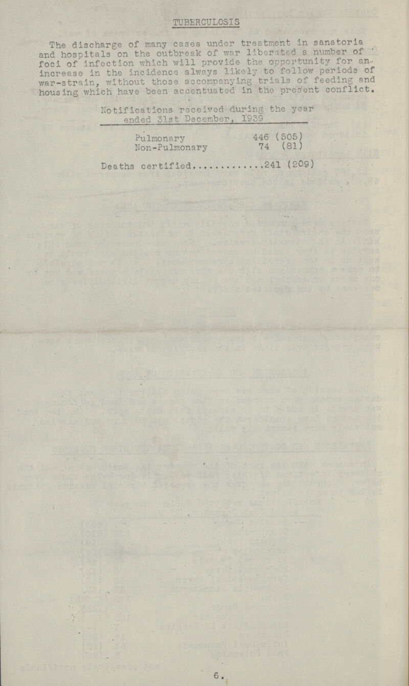 TUBERCULOSIS The discharge of many cases under treatment in sanatoria and hospitals on the outbreak of war liberated a number of ' foci of infection which will provide the opportunity for an increase in the incidence always likely to follow periods of war-strain, without those accompanying trials of feeding and housing which have been accentuated in the present conflict. Notifications received during the year ended 51st December, 1959 Pulmonary 446(505) Non-Pulmonary 74(81) Deaths certified 241(209) 6.