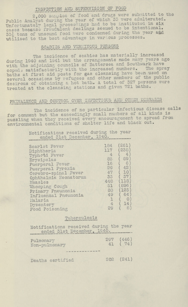 INSPECTION AND SUPERVISION OF FOOD 2,000 samples of food and drugs were submitted to the Public Analyst during the year of which 35 were adulterated. Unfortunately legal proceedings had to be instituted in six cases because fraudulent dealings seemed to be intentional. 33½ tons of unsound food were condemned during the year and utilised to the best advantage in various processes. SCABIES AND VERMINOUS PERSONS The incidence of scabies has materially increased during 1940 and 1941 but the arrangements made many years ago with the adjoining councils of Battersea and Southwark have copeds satisfactorily with the increased numbers. The spray baths at first aid posts for gas cleansing have been used on several occasions by refugees and other members of the public desirous of obtaining a hot bath. A total of 327 persons were treated at the cleansing stations and given 721 baths. PREVALENCE AND CONTROL OVER INFECTIOUS AND OTHER DISEASES The incidence of no particular infectious disease calls for comment but the exceedingly small numbers of all kinds is puzzling when they received every encouragement to spread from environmental conditions of shelter life and black out. Notifications received during the year ended 31st December, 1S40. Scarlet Fever 184 (261) Diphtheria 117 (238) Typhoid Fever 4 ( 4) Erysipelas 85 ( 89) Puerperal Fever 16 ( 6) Puerperal Pyrexia 29 ( 42) Cerebro-spinal Fever 47 ( 10) Ophthalmia neonatorum 33 ( 37) Measles 448 (118) Whooping Cough 51 (896) Primary Pneumonia 88 (125) Influenzal Pneumonia 49 ( 64) Malaria 1 ( 0) Dysentery 4 ( 14) Food Poisoning 29 ( 8) Tuberculosis Notifications received during the year ended 31st December. 1940. Pulmonary 297 (446) Non-pulmonary 41 (74) Deaths certified 202 (241)