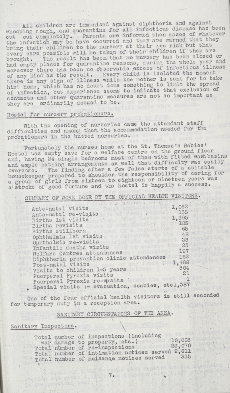 All children are immunised against diphtheria and against whooping cough, and quarantine for all infectious disease has been cut out completely. Parents are informed when casos of whatever the infection may be have occurrcd and they are warned that they bring their children to the nursery at their n risk but that every care possible will be taken of their children if they are brought. Tho result ha3 been that no nursery has been closed or had empty places for quarantine reasons, during the whole year and moreover there has been no observable excess of infectious illness of any kind as the result. Every child is isolated the moment there is any sign of illness while the mother is sent for to take him home, which ha3 no doubt done something to limit the spread of infection, but experience seems to indicate that exclusion of contacts and other quarantine measures are not so important as they are ordinarily deemed to be. Hostel for nursery probationers. ' ' With the opening of nurseries came tho attondant 3taff difficulties and among thorn the accommodation needed for the probationers in the hutted n0rserie3. Fortunately the nurses home at the St. Thomas's Babies' Hostel was empty save for a welfare centre on the ground floor and, having 24 single bedrooms most of them with fitted wadibasins and ample bathing arrangements as well that difficulty was easily overcome. The finding after a few false starts of a suitable housekeeper prepared to shoulder the responsibility of caring for a group of girls from sixteen to eighteen or nineteen years was a stroke of good fortune and the hostel is happily a success. SUMMARY OF WORK DONE BY THE OFFICIAL HEALTH VISITORS. Ante-natal visits 1,052 Ante-natal re-visits 155 Births Ist visits 1,395 Births revisits 185 Births stillborn 65 Ophthalmia 1st visits 48 Ophthalmia re-visits 33 Infantile deaths visits 23 Welfare Centres attendances 197 Diphtheria prevention clinic attendances 162 Post-natal visits 1,488 Visits to children 1-5 years 304 Puerperal Pyrexia visits 21 Puerperal Pyrexia re-Visits 1 Special visits:- evacuation, scabies, etcl,387 One of the four official health visitors is still seconded for temporary duty in a reception area. SANITARY CIRCUMSTANCES OF THE AREA. Sanitary Inspectors. Total number of inspections (including war damage to property, etc.) 10,003 Total number of re-inspection 23,070 \ Total number of intimation notices served 2,611 Total number of nuisance notices served 335 7.