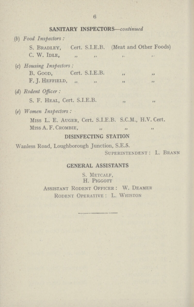 6 SANITARY INSPECTORS—continued (b) Food Inspectors: S. Bradley, Cert. S.I.E.B. (Meat and Other Foods) C. W. Idle, „ „ ,, ,, (c) Housing Inspectors : B. Good, Cert. S.I.E.B. „ „ F. J. Heffield, „ ,, ,, ,, (d) Rodent Officer: S. F. Heal, Cert. S.I.E.B. „ „ (e) Women Inspectors: Miss L. E. Auger, Cert. S.I.E.B. S.C.M., H.V. Cert. Miss A. F. Crombie, „ „ „ DISINFECTING STATION Wanless Road, Loughborough Junction, S.E.5. Superintendent : L. Brann GENERAL ASSISTANTS S. Metcalf, H.Piggott Assistant Rodent Officer : W. Deamer Rodent Operative : L. Whiston