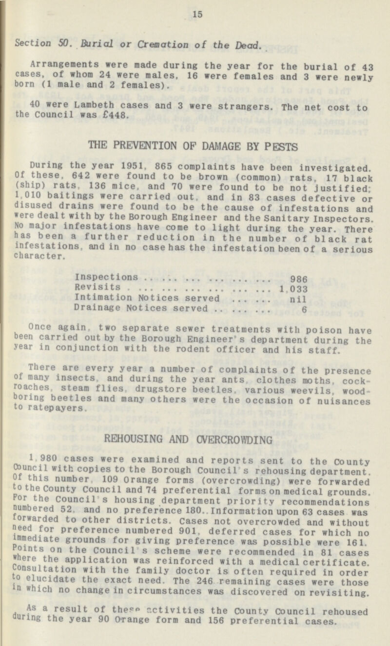 15 Section 50. Burial or Cremation of the Dead. Arrangements were made during the year for the burial of 43 cases, of whom 24 were males, 16 were females and 3 were newly born (1 male and 2 females). 40 were Lambeth cases and 3 were strangers. The net cost to the Council was £448. THE PREVENTION OF DAMAGE BY PESTS During the year 1951, 865 complaints have been investigated. Of these, 642 were found to be brown (common) rats, 17 black (ship) rats. 136 mice, and 70 were found to be not justified; 1,010 baitings were carried out, and in 83 cases defective or disused drains were found to be the cause of infestations and were dealt with by the Borough Engineer and the Sanitary Inspectors. No major infestations have come to light during the year. There has been a further reduction in the number of black rat infestations, and in no case has the infestation been of a serious character. Inspections 986 Revisits 1.033 Intimation Notices served nil Drainage Notices served 6 Once again, two separate sewer treatments with poison have been carried out by the Borough Engineer's department during the year in conjunction with the rodent officer and his staff. There are every year a number of complaints of the presence of many insects, and during the year ants clothes moths, cock roaches. steam flies drugstore beetles, various weevils, wood boring beetles and many others were the occasion of nuisances to ratepayers. REHOUSING AND OVERCROWDING 1,980 cases were examined and reports sent to the County Council with copies to the Borough Council s rehousing department. Of this number 109 Orange forms (overcrowding) were forwarded to the County Council and 74 preferential forms on medical grounds. For the Council s housing department priority recommendations numbered 52. and no preference 180.. Information upon 63 cases was forwarded to other districts. Cases not overcrowded and without need for preference numbered 901, deferred cases for which no immediate grounds for giving preference was possible were 161. Points on the Council s scheme were recommended in 81 cases where the application was reinforced with a medical certificate. Consultation with the family doctor is often required in order to elucidate the exact need. The 246 remaining cases were those in which no change in circumstances was discovered on revisiting. As a result of these activities the County Council rehoused during the year 90 Orange form and 156 preferential cases.