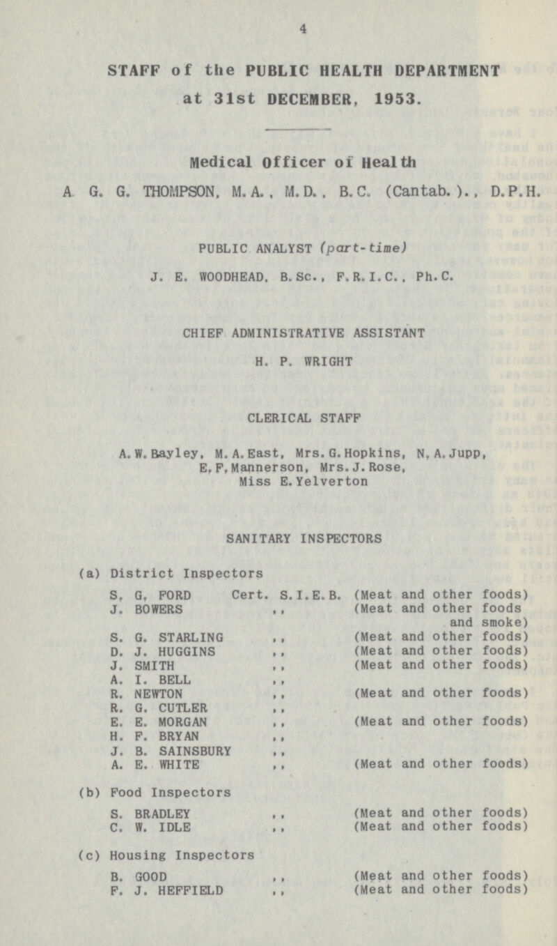 4 STAFF of the PUBLIC HEALTH DEPARTMENT at 31st DECEMBER, 1953. Medical officer of Health A. G. G. THOMPSON, M. A.. M. D. , B.C. (Cantab.)., D.P.H. PUBLIC ANALYST (part-time) J. E. WOODHEAD, B. Sc., F. R. I. C., Ph. C. CHIEF ADMINISTRATIVE ASSISTANT H. P. WRIGHT CLERICAL STAFF A. W. Bayley, M. A. East, Mrs. G. Hopkins, N, A. Jupp, E, F, Mannerson, Mrs. J. Rose, Miss E. Yelverton SANITARY INSPECTORS (a) District Inspectors S. G. FORD Cert. S. I. E. B. (Meat and other foods) J. BOWERS ,, (Meat and other foods and smoke) S. G. STARLING ,, (Meat and other foods) D. J. HUGGINS ,, (Meat and other foods) J. SMITH ,, (Meat and other foods) A. I. BELL R. NEWTON ,, (Meat and other foods) R. G. CUTLER E. E. MORGAN ,, (Meat and other foods) H. F. BRYAN J. B. SAINSBURY A. E. WHITE ,, (Meat and other foods) (b) Food Inspectors S. BRADLEY ,, (Meat and other foods) C. W. IDLE ,, (Meat and other foods) (c) Housing Inspectors B. GOOD ,, (Meat and other foods) F. J. HEFFIELD ,, (Meat and other foods)