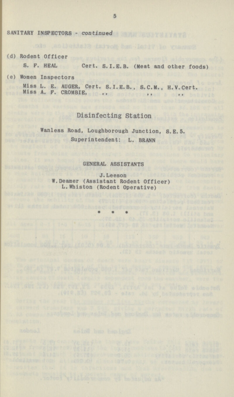 5 SANITARY INSPECTORS - continued (d) Rodent Officer S. F. HEAL Cert. S. I. E. B. (Meat and other foods) (e) Women Inspectors Miss L. E. AUGER, Cert. S. I. E.B., S. C. M., H. V. Cert. Miss A. F. CROMBIE, ,, ,, ,, Disinfecting Station Wanless Road, Loughborough Junction, S.E.5. Superintendent: L. BRANN GENERAL ASSISTANTS J.Leeson W.Deamer (Assistant Rodent Officer) L.Whiston (Rodent Operative) * * *