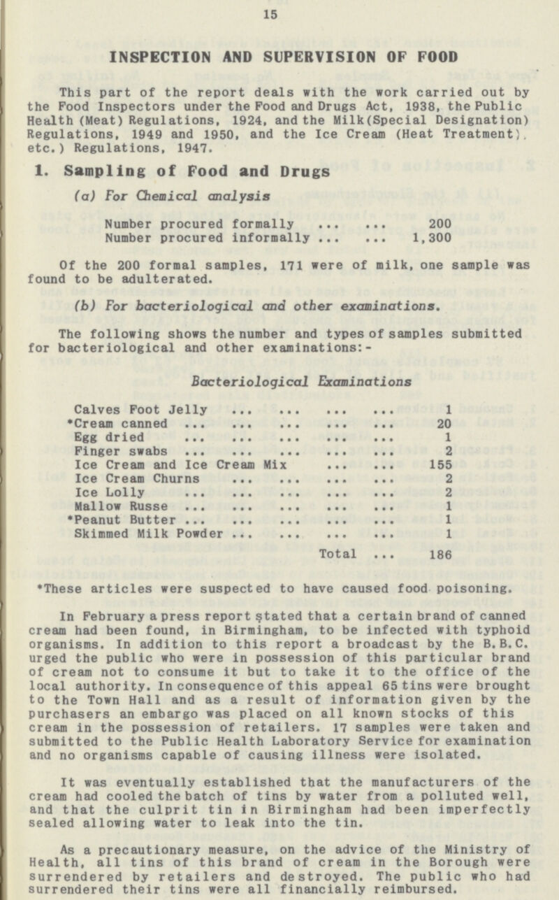 15 INSPECTION AND SUPERVISION OF FOOD This part of the report deals with the work carried out by the Food Inspectors under the Food and Drugs Act, 1938, the Public Health (Meat) Regulations, 1924, and the Milk(Special Designation) Regulations, 1949 and 1950, and the Ice Cream (Heat Treatment), etc.) Regulations, 1947. 1. Sampling of Food and Drugs (a) For Chemical analysis Number procured formally 200 Number procured informally 1,300 Of the 200 formal samples, 171 were of milk, one sample was found to be adulterated. (b) For bacteriological and other examinations. The following shows the number and types of samples submitted for bacteriological and other examinations:- Bacteriological Examinations Calves Foot Jelly 1 Cream canned 20 Egg dried 1 Finger swabs 2 Ice Cream and Ice Cream Mix 155 Ice Cream Churns 2 Ice Lolly 2 Mallow Russe 1 Peanut Butter 1 Skimmed Milk Powder 1 Total 186 •These articles were suspected to have caused food poisoning. In February a press report stated that a certain brand of canned cream had been found, in Birmingham, to be infected with typhoid organisms. In addition to this report a broadcast by the B.B.C. urged the public who were in possession of this particular brand of cream not to consume it but to take it to the office of the local authority. In consequence of this appeal 65 tins were brought to the Town Hall and as a result of information given by the purchasers an embargo was placed on all known stocks of this cream in the possession of retailers. 17 samples were taken and submitted to the Public Health Laboratory Service for examination and no organisms capable of causing illness were isolated. It was eventually established that the manufacturers of the cream had cooled the batch of tins by water from a polluted well, and that the culprit tin in Birmingham had been imperfectly sealed allowing water to leak into the tin. As a precautionary measure, on the advice of the Ministry of Health, all tins of this brand of cream in the Borough were surrendered by retailers and destroyed. The public who had surrendered their tins were all financially reimbursed.