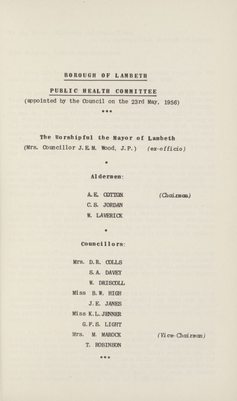 BOROUGH OF LAMBETH PUBLIC HEALTH COMMITTEE (appointed by the Council on the 23rd May, 1956) *** The Worshipful the Mayor of Lambeth (Mrs. Councillor J. E. M. Wood, J.P.) (ex-offido) Aldermen; A.E. COTTON (Chairman.) C.S. JORDAN W. LAVERICK * Councillors: Mrs, D.R. COLLS S. A, DAVEY W. DRISOOLL Miss B. W. HIGH J. E. JANES Miss K.L. JENNER G.F.S. LIGHT Mrs. M. MAROCK (Vice-Chairman) T, ROBINSON ***