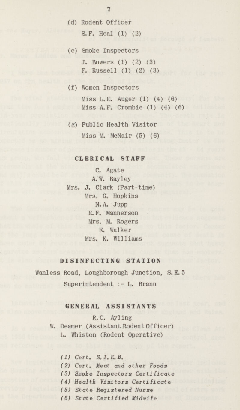 7 (d) Rodent Officer S. F. Heal (1) (2) (e) Smoke Inspectors J. Bowers (1) (2) (3) P. Russell (1) (2) (3) (f) Women Inspectors Miss L. E. Auger (1) (4) (6) Miss A. F. Crombie (1) (4) (6) (g) Public Health Visitor Miss M. McNair (5) (6) CLERICAL STAFF C. Agate A. W. Bayley Mrs. J. Clark (Part time) Mrs. G. Hopkins N. A. Jupp E. F. Mannerson Mrs. M. Rogers E. Walker Mrs. K. Williams DISINFECTING STATION Wanless Road, Loughborough Junction, S. E. 5 Superintendent :- L. Brann GENERAL ASSISTANTS R. C. Ayl ing W. Deamer (Assistant Rodent Officer) L. Whiston (Rodent Operative) (1) Cert. S.I.E.B. (2) Cert. Meat and other Foods (3) Smoke Inspectors Certificate (4) Health Visitors Certificate (5) State Registered Nurse (6) State Certified Midwife