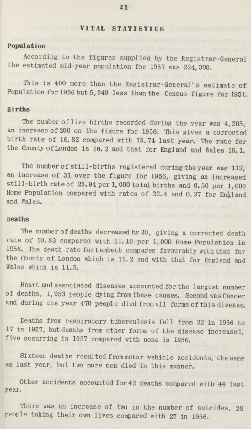 21 VITAL STATISTICS Population According to the figures supplied by the Registrar General the estimated mid year population for 1957 was 224,300. This is 400 more than the Registrar-General's estimate of Population for 1956 but 5,940 less than the Census figure for 1951. Births The number of live births recorded during the year was 4,205, an increase of 290 on the figure for 1956. This gives a corrected birth rate of 16.82 compared with 15.74 last year. The rate for the County of London is 16.2 and that for England and Wales 16.1. The number of still-births registered during the year was 112, an increase of 31 over the figure for 1956, giving an increased still-birth rate of 25.94 per 1, 000 total births and 0.50 per 1,000 Home Population compared with rates of 22.4 and 0.37 for England and Wales. Deaths The number of deaths decreased by 30, giving a corrected death rate of 10.83 compared with 11.10 per 1,000 Home Population in 1956. The death rate for Lambeth compares favourably with that for the County of London which is 11.2 and with that for England and Wales which is 11.5. Heart and associated diseases accounted for the largest number of deaths, 1,053 people dying from these causes. Second was Cancer and during the year 470 people died from all forms of this disease. Deaths from respiratory tuberculosis fell from 22 in 1956 to 17 in 1957, but deaths from other forms of the disease increased, five occurring in 1957 compared with none in 1956. Sixteen deaths resulted from motor vehicle accidents, the same as last year, but two more men died in this manner. Other accidents accounted for 42 deaths compared with 44 last year. There was an increase of two in the number of suicides, 29 people taking their own lives compared with 27 in 1956.