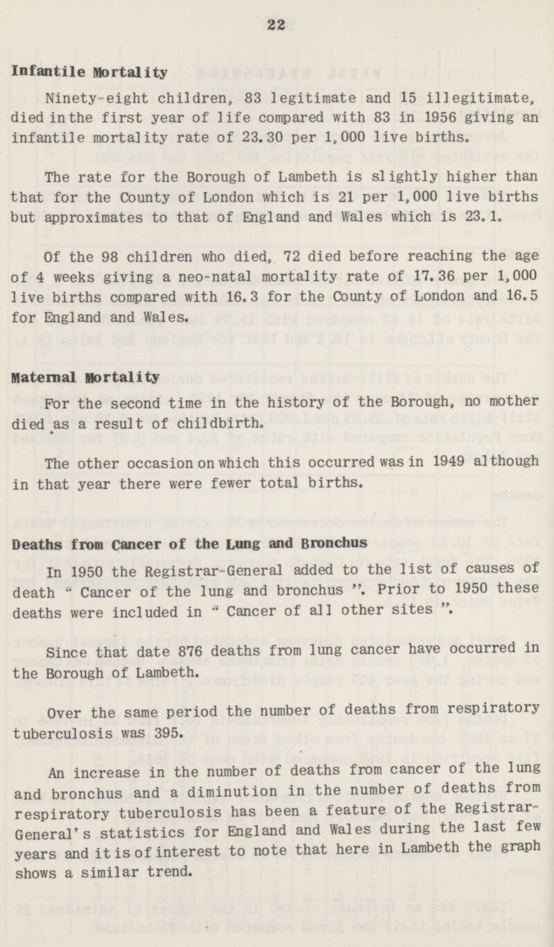 22 Infantile Mortality Ninety-eight children, 83 legitimate and 15 illegitimate, died in the first year of life compared with 83 in 1956 giving an infantile mortality rate of 23.30 per 1,000 live births. The rate for the Borough of Lambeth is slightly higher than that for the County of London which is 21 per 1,000 live births but approximates to that of England and Wales which is 23.1. Of the 98 children who died, 72 died before reaching the age of 4 weeks giving a neo-natal mortality rate of 17.36 per 1,000 live births compared with 16.3 for the County of London and 16.5 for England and Wales. Maternal Mortality For the second time in the history of the Borough, no mother died as a result of childbirth. The other occasion on which this occurred was in 1949 although in that year there were fewer total births. Deaths from Cancer of the Lung and Bronchus In 1950 the Registrar-General added to the list of causes of death Cancer of the lung and bronchus Prior to 1950 these deaths were included in Cancer of all other sites Since that date 876 deaths from lung cancer have occurred in the Borough of Lambeth. Over the same period the number of deaths from respiratory tuberculosis was 395. An increase in the number of deaths from cancer of the lung and bronchus and a diminution in the number of deaths from respiratory tuberculosis has been a feature of the Registrar General' s statistics for England and Wales during the last few years and it is of interest to note that here in Lambeth the graph shows a similar trend.