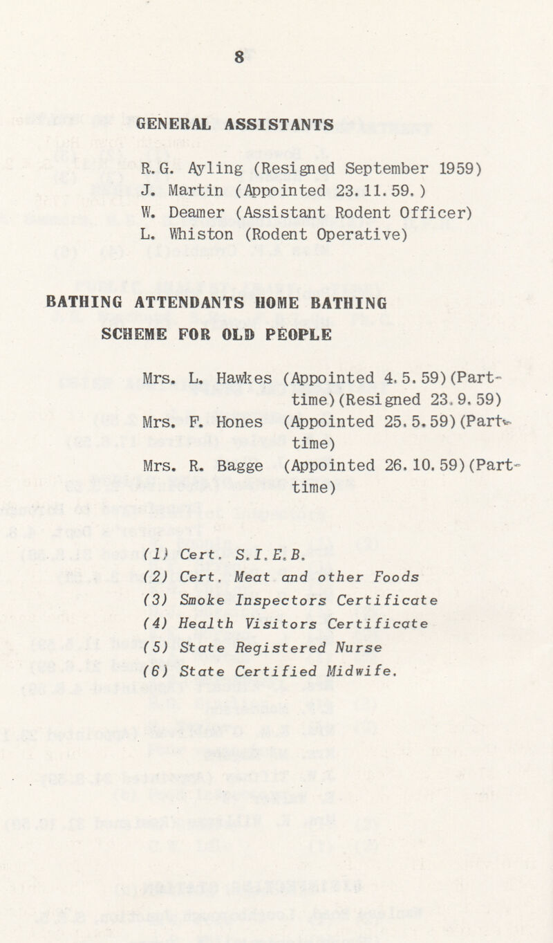 8 GENERAL ASSISTANTS R. G. Ayling (Resigned September 1959) J. Martin (Appointed 23.11.59.) W. Deamer (Assistant Rodent Officer) L. V/histon (Rodent Operative) BATHING ATTENDANTS HOME BATHING SCHEME FOR OLD PEOPLE Mrs. L. Hawkes (Appointed 4. 5. 59) (Part time) (Resigned 23.9.59) Mrs. F. Hones (Appointed 25. 5.59) (Part time) Mrs. R. Bagge (Appointed 26.10. 59) (Part time) (1) Cert. S.I.E.B. (2) Cert. Meat and other Foods (3) Smoke Inspectors Certificate (4) Health Visitors Certificate (5) State Registered Nurse (6) State Certified Midwife.