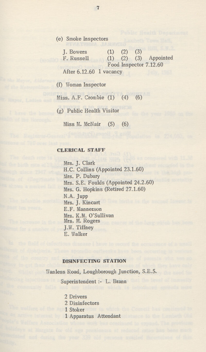 7 (e) Smoke Inspectors J. Bowers (1) (2) (3) F. Russell (1) (2) (3) Appointed Food Inspector 7.12.60 After 6.12.60 1 vacancy (f) Woman Inspector Miss. A.F. Crombie (1) (4) (6) (g) Public Health Visitor Miss M. McNair (5) (6) CLERICAL STAFF Mrs. J. Clark H.C. Collins (Appointed 23.1.60) Mrs. P. Dubury Mrs. S.E. Foulds (Appointed 24.2.60) Mrs. G. Hopkins (Retired 27.1.60) N.A. Jupp Mrs. J. Kincart E.F. Mannetson Mrs. K.M. O'Sullivan Mrs. M. Rogers J.W. Tiffney E. Walker DISINFECTING STATION Wanless Road, Loughborough Junction, S.E.5. Superintendent L. Brann 2 Drivers 2 Disinfectors 1 Stoker 1 Apparatus Attendant
