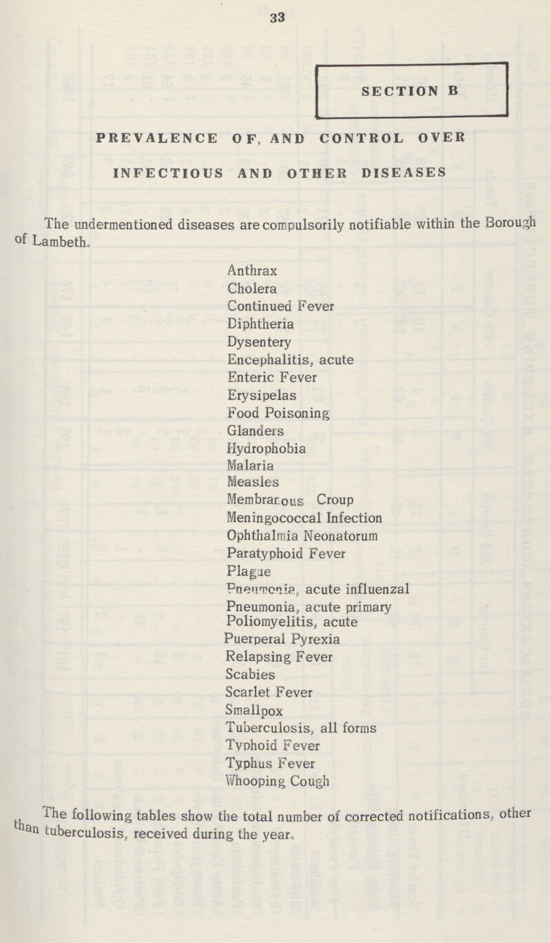 33 SECTION B PREVALENCE OF, AND CONTROL OVER INFECTIOUS AND OTHER DISEASES The undermentioned diseases are compulsorily notifiable within the Borough °f Lambeth, Anthrax Cholera Continued Fever Diphtheria Dysentery Encephalitis, acute Enteric Fever Erysipelas Food Poisoning Glanders Hydrophobia Malaria Measles Membranous Croup Meningococcal Infection Ophthalmia Neonatorum Paratyphoid Fever Plague Pneumonia, acute influenzal Pneumonia, acute primary Poliomyelitis, acute Puerperal Pyrexia Relapsing Fever Scabies Scarlet Fever Smallpox Tuberculosis, all forms Typhoid Fever Typhus Fever Whooping Cough following tables show the total number of corrected notifications, other than tuberculosis, received during the year.