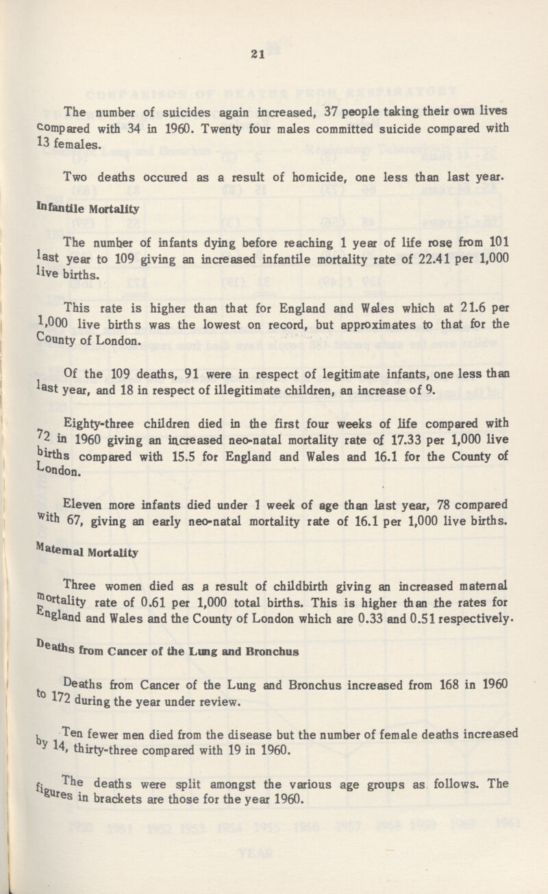 21 The number of suicides again increased, 37 people taking their own lives compared with 34 in 1960. Twenty four males committed suicide compared with 13 females. Two deaths occured as a result of homicide, one less than last year. Infantile Mortality The number of infants dying before reaching 1 year of life rose from 101 last year to 109 giving an increased infantile mortality rate of 22.41 per 1,000 live births. This rate is higher than that for England and Wales which at 21.6 per 1,000 live births was the lowest on record, but approximates to that for the County of London. Of the 109 deaths, 91 were in respect of legitimate infants, one less than last year, and 18 in respect of illegitimate children, an increase of 9. Eighty-three children died in the first four weeks of life compared with 72 in 1960 giving an increased neo-natal mortality rate of 17.33 per 1,000 live births compared with 15.5 for England and Wales and 16.1 for the County of London. Eleven more infants died under 1 week of age than last year, 78 compared with 67, giving an early neo-natal mortality rate of 16.1 per 1,000 live births. Matemal Mortality Three women died as a result of childbirth giving an increased maternal mortality rate of 0.61 per 1,000 total births. This is higher than the rates for england and Wales and the County of London which are 0.33 and 0.51 respectively. Deaths from Cancer of the Lung and Bronchus Deaths from Cancer of the Lung and Bronchus increased from 168 in 1960 to 172 during the year under review. Ten fewer men died from the disease but the number of female deaths increased by 14, thirty-three compared with 19 in 1960. The deaths were split amongst the various age groups as follows. The figures in brackets are those for the year 1960.