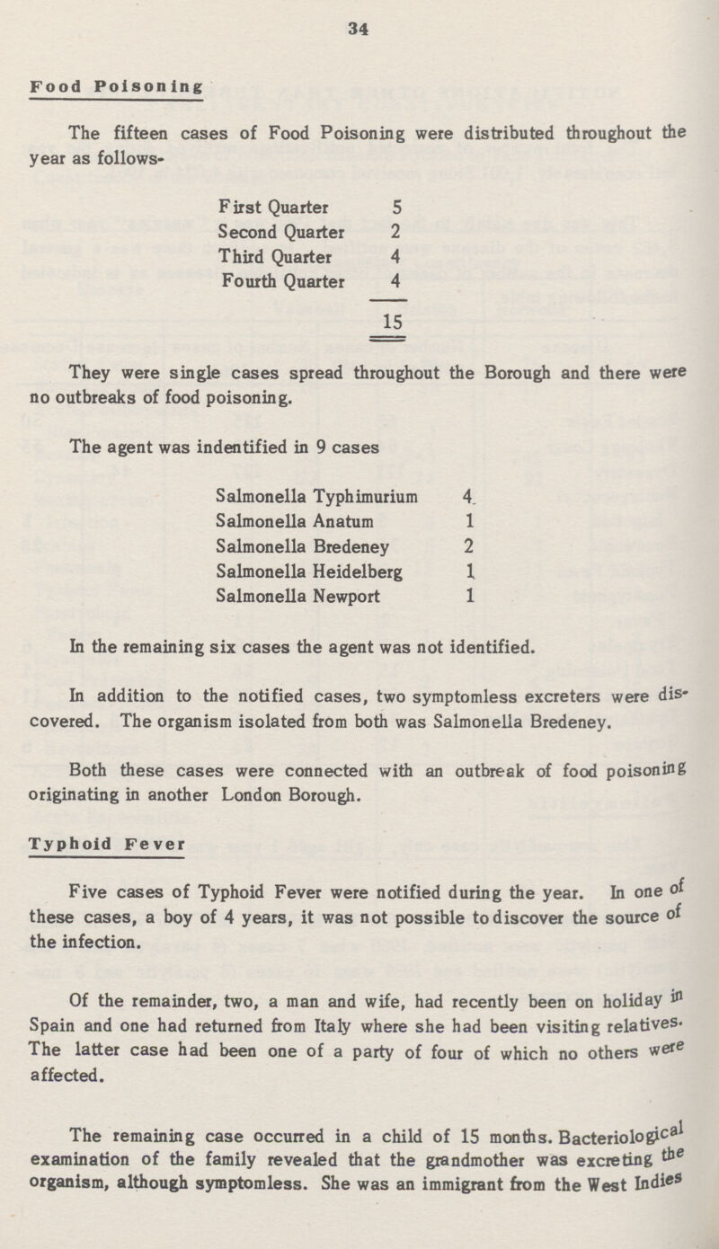 34 Food Poisoning The fifteen cases of Food Poisoning were distributed throughout the year as follows- F irst Quarter 5 Second Quarter 2 Third Quarter 4 Fourth Quarter 4 15 They were single cases spread throughout the Borough and there were no outbreaks of food poisoning. The agent was indentified in 9 cases Salmonella Typhimurium 4 Salmonella Anatum 1 Salmonella Bredeney 2 Salmonella Heidelberg 1 Salmonella Newport 1 In the remaining six cases the agent was not identified. In addition to the notified cases, two symptomless excreters were dis covered. The organism isolated from both was Salmonella Bredeney. Both these cases were connected with an outbreak of food poisoning originating in another London Borough. Typhoid Fever Five cases of Typhoid Fever were notified during the year. In one of these cases, a boy of 4 years, it was not possible to discover the source of the infection. Of the remainder, two, a man and wife, had recently been on holiday in Spain and one had returned from Italy where she had been visiting relatives. The latter case had been one of a party of four of which no others were affected. The remaining case occurred in a child of 15 months. Bacteriological examination of the family revealed that the grandmother was excreting the organism, although symptomless. She was an immigrant from the West Indies
