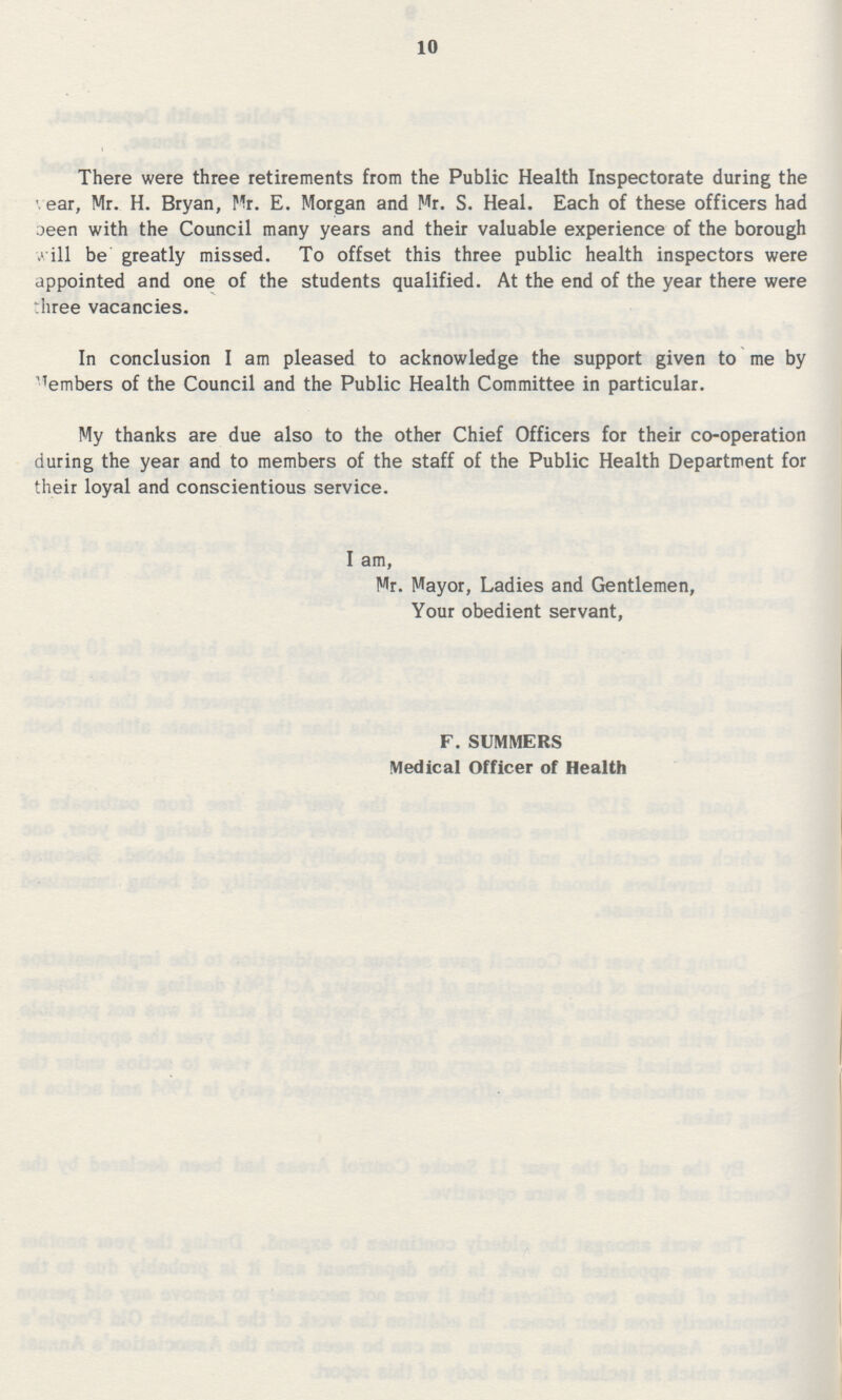 10 There were three retirements from the Public Health Inspectorate during the year, Mr. H. Bryan, Mr. E. Morgan and Mr. S. Heal. Each of these officers had been with the Council many years and their valuable experience of the borough will be greatly missed. To offset this three public health inspectors were appointed and one of the students qualified. At the end of the year there were three vacancies. In conclusion I am pleased to acknowledge the support given to me by Members of the Council and the Public Health Committee in particular. My thanks are due also to the other Chief Officers for their co-operation during the year and to members of the staff of the Public Health Department for their loyal and conscientious service. I am, Mr. Mayor, Ladies and Gentlemen, Your obedient servant, F. SUMMERS Medical Officer of Health