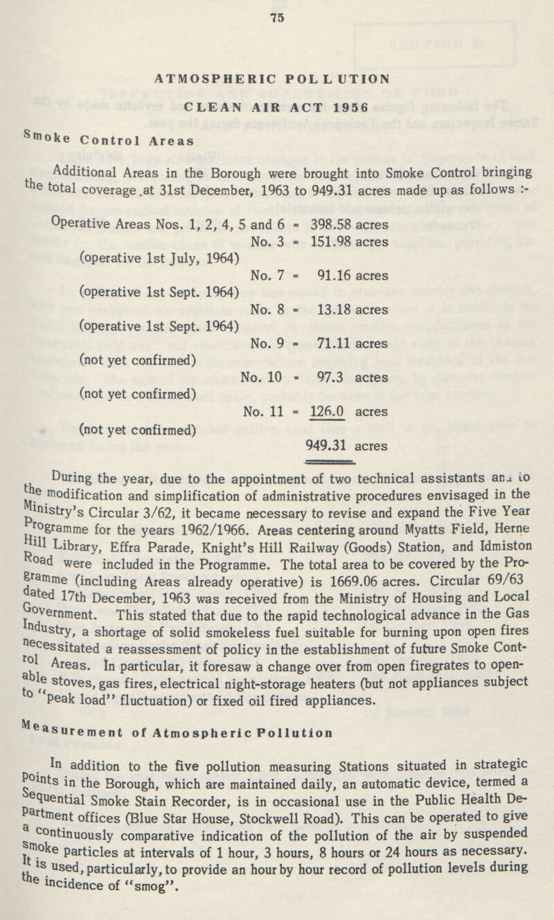 75 ATMOSPHERIC POLLUTION CLEAN AIR ACT 1956 Smoke Control Areas Additional Areas in the Borough were brought into Smoke Control bringing the total coverage at 31st December, 1963 to 949.31 acres made up as follows:- Operative Areas Nos. 1, 2, 4, 5 and 6 - 398.58 acres No. 3 - 151.98 acres (operative 1st July, 1964) No. 7 - 91.16 acres (operative 1st Sept. 1964) No. 8 - 13.18 acres (operative 1st Sept. 1964) No. 9 - 71.11 acres (not yet confirmed) No. 10 - 97.3 acres (not yet confirmed) No. 11 - 126.0 acres (not yet confirmed) 949.31 acres During the year, due to the appointment of two technical assistants and to the modification and simplification of administrative procedures envisaged in the Ministry's Circular 3/62, it became necessary to revise and expand the Five Year Programme for the years 1962/1966. Areas centering around Myatts Field, Herne Hill Library, Effra Parade, Knight's Hill Railway (Goods) Station, and Idmiston Road were included in the Programme. The total area to be covered by the Pro gramme (including Areas already operative) is 1669.06 acres. Circular 69/63 dated 17th December, 1963 was received from the Ministry of Housing and Local government. This stated that due to the rapid technological advance in the Gas Industry, a shortage of solid smokeless fuel suitable for burning upon open fires necessitated a reassessment of policy in the establishment of future Smoke Cont rol Areas. In particular, it foresaw a change over from open firegrates to open able stoves, gas fires, electrical night-storage heaters (but not appliances subject to peak load fluctuation) or fixed oil fired appliances. Measurement of Atmospheric Pollution In addition to the five pollution measuring Stations situated in strategic Points in the Borough, which are maintained daily, an automatic device, termed a Sequential Smoke Stain Recorder, is in occasional use in the Public Health De partment offices (Blue Star House, Stockwell Road). This can be operated to give a continuously comparative indication of the pollution of the air by suspended smoke Particles at intervals of 1 hour, 3 hours, 8 hours or 24 hours as necessary. It is used, particularly, to provide an hour by hour record of pollution levels during the incidence of smog.