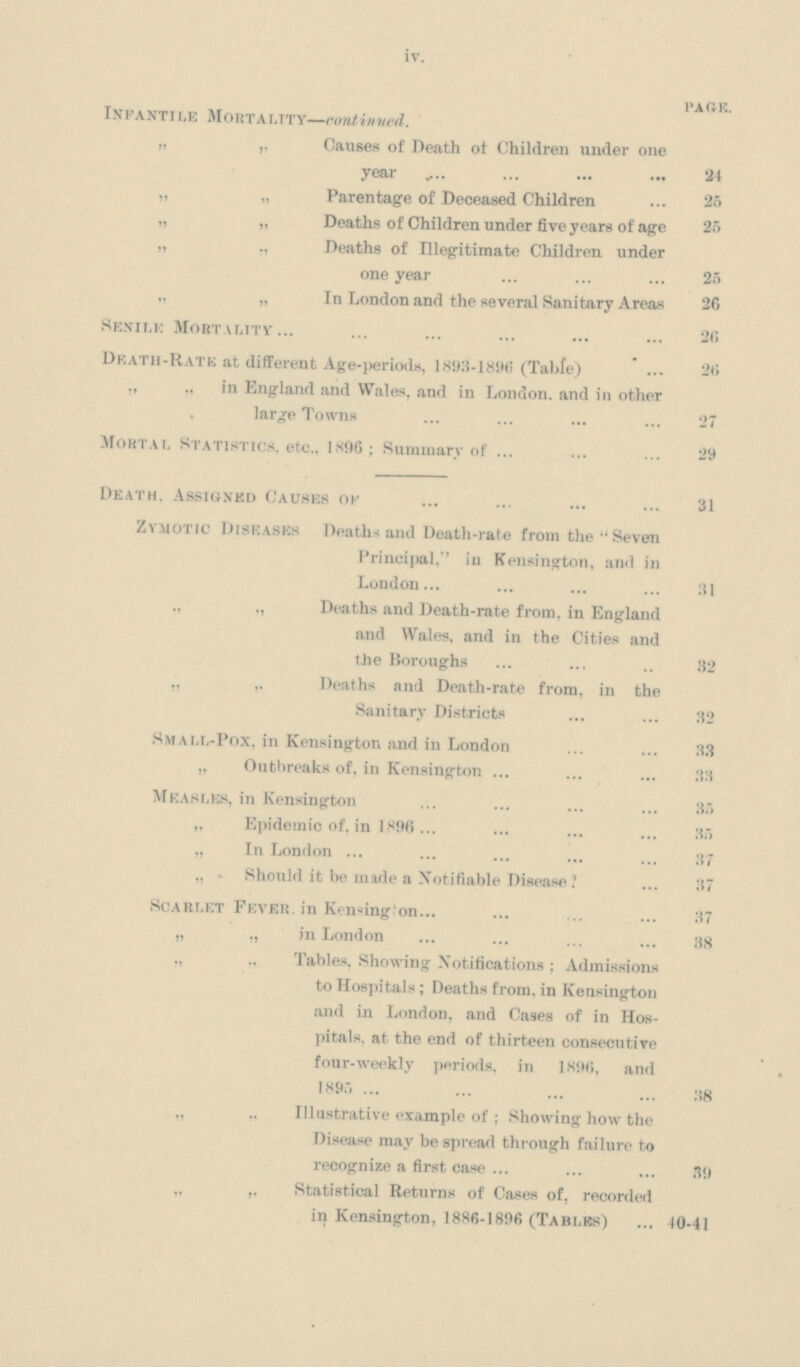 iv. page. Infantile Mortality—continued. „ ,, Causes of Death ot Children under one year 24 „ „ Parentage of Deceased Children 25 „ „ Deaths of Children under five years of age 25 „ ,, Deaths of Illegitimate Children under one year 25 „ „ In London and the several Sanitary Areas 26 Senile Mortality 26 Death-rate at different Age-periods, 1893-1896 (Table) 26 „ „ in England and Wales, and in London, and in other large Towns 27 Mortal Statistics, etc., 1896; Summary of 29 Death, Assigned Causes of 31 Zymotic Diseases Deaths and Death-rate from the  Seven Principal, in Kensington, and in London. 31 ,, ,, Deaths and Death-rate from, in England and Wales, and in the Cities and the Boroughs 32 „ ,, Deaths and Death-rate from, in the Sanitary Districts 32 Small-Pox, in Kensington and in London 33 „ Outbreaks of, in Kensington 33 Measles, in Kensington 35 „ Epidemic of. in 1898 35 „ In London 37 „ Should it be made a Notifiable Disease? 37 Scarlet Fever, in Kensington 37 „ ,, in London 38 „ ,, Tables, Showing Notifications; Admissions to Hospitals; Deaths from, in Kensington and in London, and Cases of in Hos pitals. at the end of thirteen consecutive four-weekly periods, in 1896, and 1895 38 ,, ,, Illustrative example of Showing how the Disease may be spread through failure to recognize a first case 39 „ ,, Statistical Returns of Cases of, recorded in Kensington, 1886-1896 (Tables) 40-41