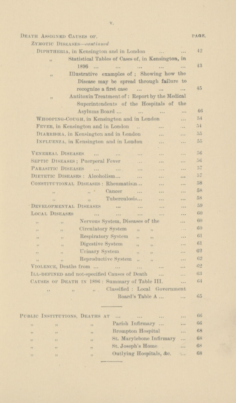 v. Death Assigned Causes of. page. Zymotic Diseases—continued Diphtheria, in Kensington and in London 42 „ Statistical Tables of Cases of, in Kensington, in 1896 43 „ Illustrative examples of; Showing how the Disease may be spread through failure to recognize a first case 45 „ Antitoxin Treatment of: Report by the Medical Superintendents of the Hospitals of the Asylums Board 46 Whooping-Cough, in Kensington and in London 54 Fever, in Kensington and in London 54 Diarrhœa, in Kensington and in London 55 influenza, in Kensington and in London 55 Venebeal Diseases 56 Septic Diseases; Puerperal Fever 56 Parasitic Diseases 57 Dietetic Diseases: Alcoholism 57 Constitutional Diseases Rheumatism 58 „ „ Cancer 58 „ „ Tuberculosis 58 Developmental Diseases 59 Local Diseases 60 ,. „ Nervous System, Diseases of the 60 „ „ Circulatory System „ ,, 60 „ „ Respiratory System „ „ 61 „ „ Digestive System „ „ 61 „ „ Urinary System ,, 62 „ „ Reproductive System „ „ 62 Violence, Deaths from 62 Ill-defined and not-specified Causes of Death 68 Causes of Death in 1896: Summary of Table III. 64 „ „ „ Classified: Local Government Board's Table A 65 Public Institutions. Deaths at 66 „ ., „ Parish Infirmary 66 „ „ „ Brompton Hospital 68 „ „ „ St. Marylebone Infirmary 68 „ „ „ St. Joseph's Home 68 „ „ „ Outlying Hospitals, &c. 68