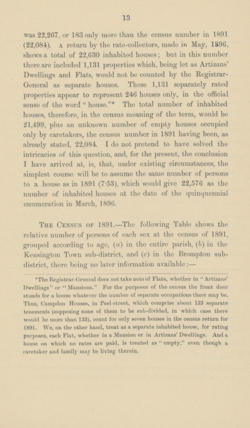 13 was 22,267, or 183 only more than the census number in 1891 (22,084). A return by the rate-collectors, made in May, 1896, shows a total of 22,630 inhabited houses; but in this number there are included 1,131 properties which, being let as Artizans' Dwellings and Flats, would not be counted by the Registrar General as separate houses. These 1,131 separately rated properties appear to represent 246 houses only, in the official sense of the word house.* The total number of inhabited houses, therefore, in the census meaning of the term, would be 21,499, plus an unknown number of empty houses occupied only by caretakers, the census number in 1891 having been, as already stated, 22,084. I do not pretend to have solved the intricacies of this question, and, for the present, the conclusion I have arrived at, is, that, under existing circumstances, the simplest course will be to assume the same number of persons to a house as in 1891 (7.53), which would give 22,576 as the number of inhabited houses at the date of the quinquennial enumeration in March, 1896. The Census of 1891.—The following Table shows the relative number of persons of each sex at the census of 1891, grouped according to age, (a) in the entire parish, (b) in the Kensington Town sub-district, and (c) in the Brompton sub district, there being no later information available:— The Registrar-General does not take note of Flats, whether in Artizans' Dwellings or Mansions. For the purposes of the census the front door stands for a house whatever the number of separate occupations there may be. Thus, Campden Houses, in Peel-street, which comprise about 133 separate tenements (supposing none of them to be sub-divided, in which case there would be more than 133), count for only seven houses in the census return for 1891. We, on the other hand, treat as a separate inhabited house, for rating purposes, each Flat, whether in a Mansion or in Artizans' Dwellings. And a house on which no rates are paid, is treated as empty, even though a caretaker and family may be living therein.