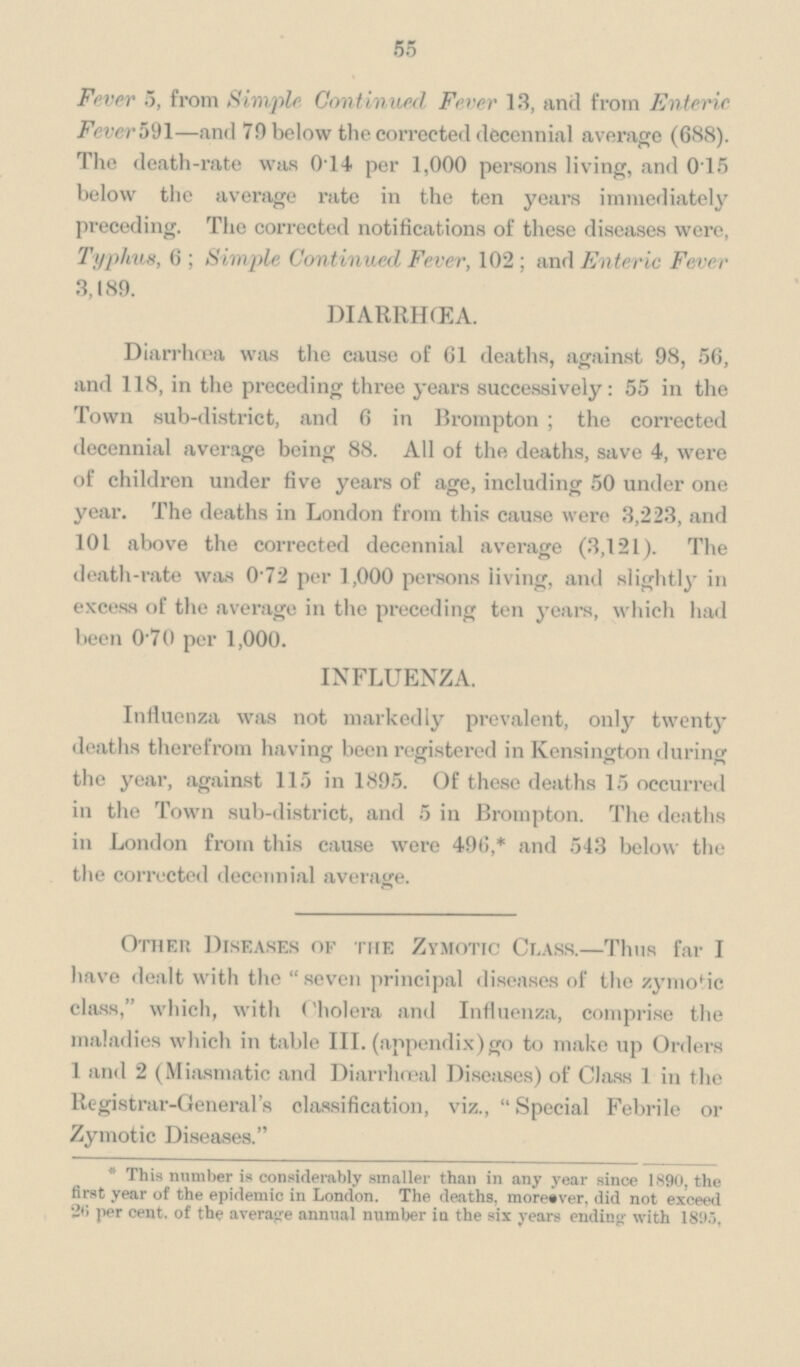55 Fever 5, from Simple Continued Fever 13, anil from Enteric Fever 591—and 79 below the corrected decennial average (688). The death-rate was 0.14 per 1,000 persons living, and 015 below the average rate in the ten years immediately preceding. The corrected notifications of these diseases were, Typhus, 6; Simple Continued Fever, 102; and Enteric Fever 3,189. DIARRHŒA. Diarrhœa was the cause of 61 deaths, against 98, 56, and 118, in the preceding three years successively: 55 in the Town sub-district, and 6 in Brompton; the corrected decennial average being 88. All of the deaths, save 4, were of children under five years of age, including 50 under one year. The deaths in London from this cause were 3,223, and 101 above the corrected decennial average (3,121). The death-rate was 0'72 per 1,000 persons living, and slightly in excess of the average in the preceding ten years, which had been 0 70 per 1,000. INFLUENZA. Influenza was not markedly prevalent, only twenty deaths therefrom having been registered in Kensington during the year, against 115 in 1895. Of these deaths 15 occurred in the Town sub-district, and 5 in Brompton. The deaths in London from this cause were 496,* and 543 below the the corrected decennial average. Other Diseases of the Zymotic Class.—Thus far I have dealt with the seven principal diseases of the zymotic class, which, with Cholera and Influenza, comprise the maladies which in table III. (appendix) go to make up Orders 1 and 2 (Miasmatic and Diarrhoea] Diseases) of Class 1 in the Registrar-General's classification, viz., Special Febrile or Zymotic Diseases. * This number is considerably smaller than in any year since 1890, the first year of the epidemic in London. The deaths, moreover, did not exceed 26 per cent. of the average annual number in the six years ending with 1895.
