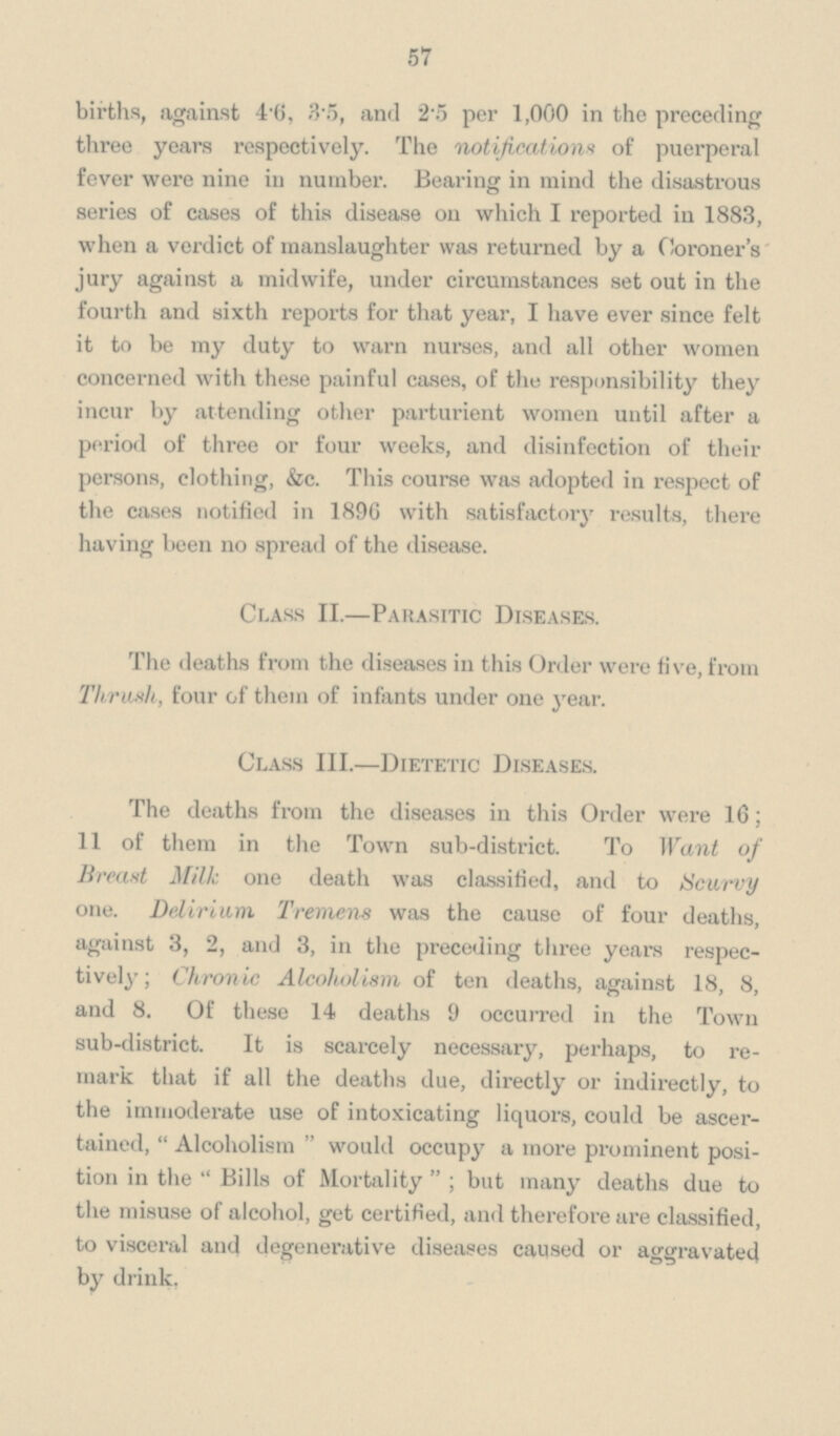 57 births, against 4.6, 3.5, and 2.5 per 1,000 in the preceding three years respectively. The notifications of puerperal fever were nine in number. Bearing in mind the disastrous series of cases of this disease on which I reported in 1883, when a verdict of manslaughter was returned by a Coroner's jury against a midwife, under circumstances set out in the fourth and sixth reports for that year, I have ever since felt it to be my duty to warn nurses, and all other women concerned with these painful cases, of the responsibility they incur by attending other parturient women until after a period of three or four weeks, and disinfection of their persons, clothing, &c. This course was adopted in respect of the cases notified in 1896 with satisfactory results, there having been no spread of the disease. Class II.—Parasitic Diseases. The deaths from the diseases in this Order were five, from Thrush, four of them of infants under one year. Class III.—Dietetic Diseases. The deaths from the diseases in this Order were 16; 11 of them in the Town sub-district. To Want of Breast Milk one death was classified, and to Scurvy one. Delirium Tremens was the cause of four deaths, against 3, 2, and 3, in the preceding three years respectively; Chronic Alcoholism of ten deaths, against 18, 8, and 8. Of these 14 deaths 9 occurred in the Town sub-district. It is scarcely necessary, perhaps, to remark that if all the deaths due, directly or indirectly, to the immoderate use of intoxicating liquors, could be ascertained, Alcoholism would occupy a more prominent position in the Bills of Mortality ; but many deaths due to the misuse of alcohol, get certified, and therefore are classified, to visceral and degenerative diseases caused or aggravated by drink.