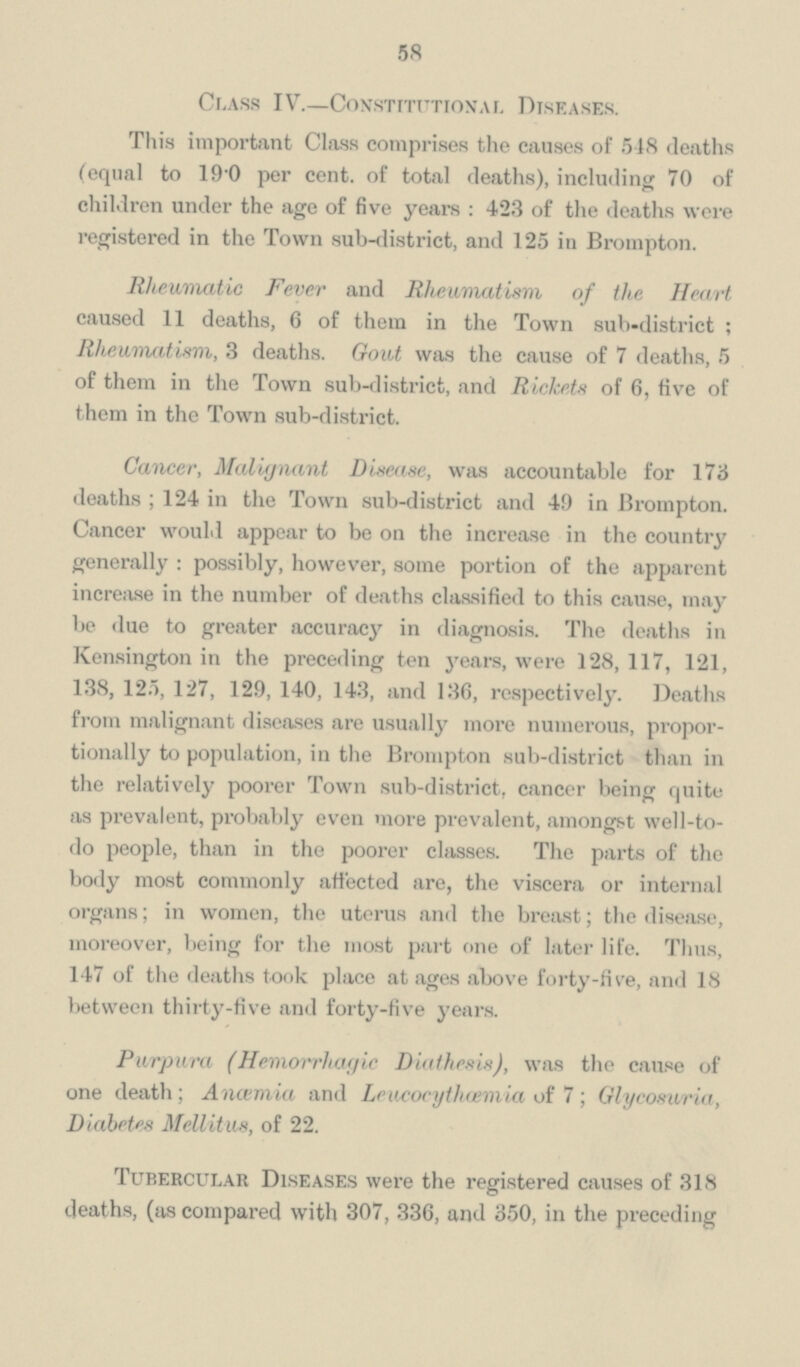 58 Class IV.—Constitutional Diseases. This important Class comprises the causes of 548 deaths (equal to 190 per cent. of total deaths), including 70 of children under the age of five years: 423 of the deaths were registered in the Town sub-district, and 125 in Brompton. Rheumatic Fever and Rheumatism of the Heart caused 11 deaths, 6 of them in the Town sub-district; Rheumatism, 3 deaths. Gout was the cause of 7 deaths, 5 of them in the Town sub-district, and Rickets of 6, five of them in the Town sub-district. Cancer, Malignant Disease, was accountable for 173 deaths; 124 in the Town sub-district and 49 in Brompton. Cancer would appear to be on the increase in the country generally: possibly, however, some portion of the apparent increase in the number of deaths classified to this cause, may be due to greater accuracy in diagnosis. The deaths in Kensington in the preceding ten years, were 128, 117, 121, 138, 125, 127, 129, 140, 143, and 136, respectively. Deaths from malignant diseases are usually more numerous, proportionally to population, in the Brompton sub-district than in the relatively poorer Town sub-district, cancer being quite as prevalent, probably even more prevalent, amongst well-todo people, than in the poorer classes. The parts of the body most commonly affected are, the viscera or internal organs; in women, the uterus and the breast; the disease, moreover, being for the most part one of later life. Thus, 147 of the deaths took place at ages above forty-five, and 18 between thirty-five and forty-five years. Purpura (Hemorrhagic Diathesis), was the cause of one death; Anœmia and Leucocythœmia of 7; Glycosuria, Diabetes Mellitus, of 22. Tubercular Diseases were the registered causes of 318 deaths, (as compared with 307, 336, and 350, in the preceding