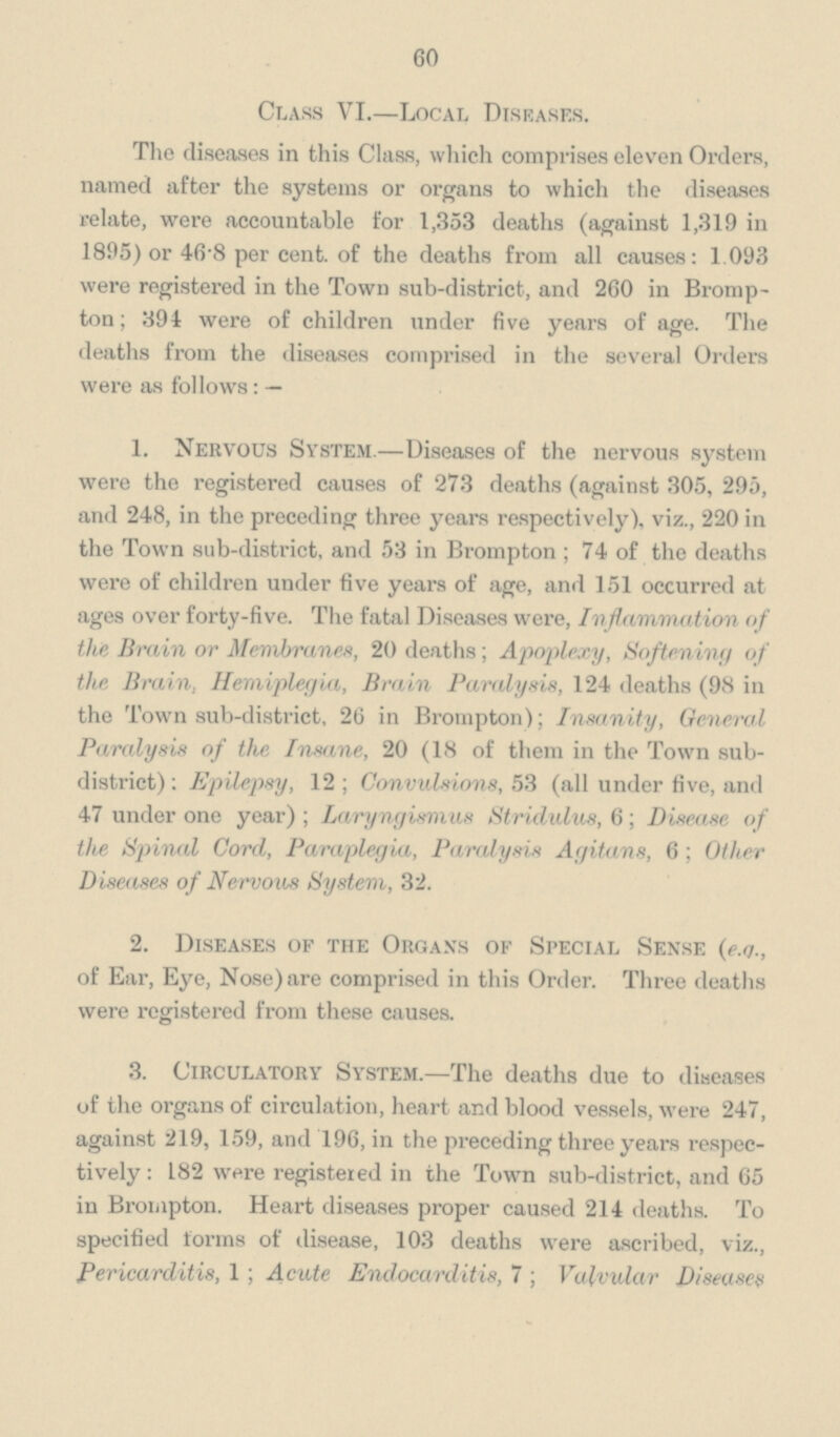 60 Class VI.—Local Diseases. The diseases in this Class, which comprises eleven Orders, named after the systems or organs to which the diseases relate, were accountable for 1,353 deaths (against 1,319 in 1895) or 46.8 per cent. of the deaths from all causes: 1.093 were registered in the Town sub-district, and 260 in Brompton; 394 were of children under five years of age. The deaths from the diseases comprised in the several Orders were as follows: — 1. Nervous System.—Diseases of the nervous system were the registered causes of 273 deaths (against 305, 295, and 248, in the preceding three years respectively), viz., 220 in the Town sub-district, and 53 in Brompton; 74 of the deaths were of children under five years of age, and 151 occurred at ages over forty-five. The fatal Diseases were, Inflammation of the Brain or Membranes, 20 deaths; Apoplexy, Softening of the Brain, Hemiplegia, Brain Paralysis, 124 deaths (98 in the Town sub-district, 26 in Brompton); Insanity, General Paralysis of the Insane, 20 (18 of them in the Town sub district): Epilepsy, 12; Convulsions, 53 (all under five, and 47 under one year) ; Laryngismus Stridulus, 6; Disease of the Spinal Cord, Paraplegia, Paralysis Agitans, 6 ; Other Diseases of Nervous System, 32. 2. Diseases of the Organs of Special Sense (e.q., of Ear, Eye, Nose) are comprised in this Order. Three deaths were registered from these causes. 3. Circulatory System.—The deaths due to diseases of the organs of circulation, heart and blood vessels, were 247, against 219, 159, and 196, in the preceding three years respectively: 182 were registered in the Town sub-district, and 65 in Brompton. Heart diseases proper caused 214 deaths. To specified forms of disease, 103 deaths were ascribed, viz., Pericarditis, 1; Acute Endocarditis, 7; Valvular Diseasen