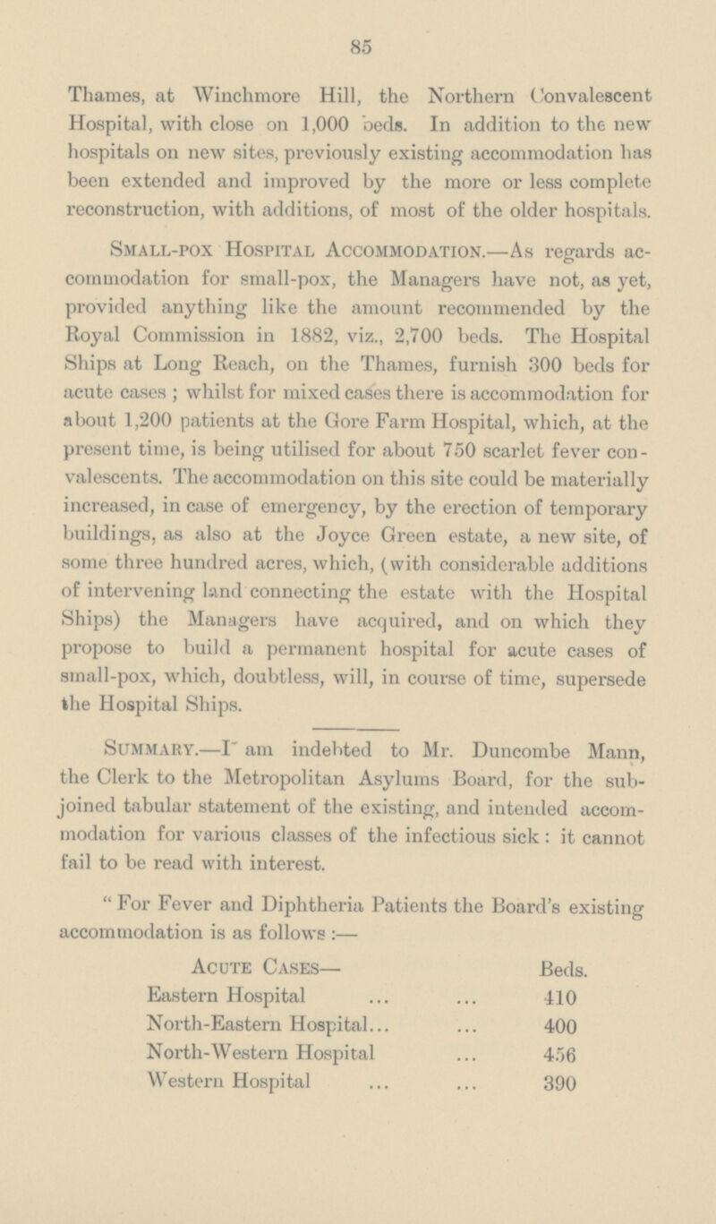 85 Thames, at Winchmore Hill, the Northern Convalescent Hospital, with close on 1,000 beds. In addition to the new hospitals on new sites, previously existing accommodation has been extended and improved by the more or less complete reconstruction, with additions, of most of the older hospitals. Small-pox Hospital Accommodation.—As regards ac commodation for small-pox, the Managers have not, as yet, provided anything like the amount recommended by the Royal Commission in 1882, viz., 2,700 beds. The Hospital Ships at Long Reach, on the Thames, furnish 300 beds for acute cases; whilst for mixed cases there is accommodation for about 1,200 patients at the Gore Farm Hospital, which, at the present time, is being utilised for about 750 scarlet fever con valescents. The accommodation on this site could be materially increased, in case of emergency, by the erection of temporary buildings, as also at the Joyce Green estate, a new site, of some three hundred acres, which, (with considerable additions of intervening land connecting the estate with the Hospital Ships) the Managers have acquired, and on which they propose to build a permanent hospital for acute cases of small-pox, which, doubtless, will, in course of time, supersede the Hospital Ships. Summary.—I ain indebted to Mr. Duncombe Mann, the Clerk to the Metropolitan Asylums Board, for the sub joined tabular statement of the existing, and intended accom modation for various classes of the infectious sick : it cannot fail to be read with interest. For Fever and Diphtheria Patients the Board's existing accommodation is as follows:— Acute Cases— Beds. Eastern Hospital 410 North-Eastern Hospital 400 North-Western Hospital 456 Western Hospital 390