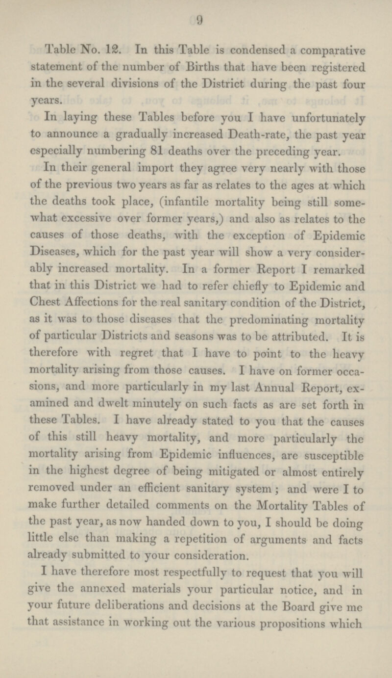 9 Table No. 12. In this Table is condensed a comparative statement of the number of Births that have been registered in the several divisions of the District during the past four years. In laying these Tables before you I have unfortunately to announce a gradually increased Death-rate, the past year especially numbering 81 deaths over the preceding year. In their general import they agree very nearly with those of the previous two years as far as relates to the ages at which the deaths took place, (infantile mortality being still some what excessive over former years,) and also as relates to the causes of those deaths, with the exception of Epidemic Diseases, which for the past year will show a very consider ably increased mortality. In a former Report I remarked that in this District we had to refer chiefly to Epidemic and Chest Affections for the real sanitary condition of the District, as it was to those diseases that the predominating mortality of particular Districts and seasons was to be attributed. It is therefore with regret that I have to point to the heavy mortality arising from those causes. I have on former occa sions, and more particularly in my last Annual Report, ex amined and dwelt minutely on such facts as are set forth in these Tables. I have already stated to you that the causes of this still heavy mortality, and more particularly the mortality arising from Epidemic influences, are susceptible in the highest degree of being mitigated or almost entirely removed under an efficient sanitary system; and were I to make further detailed comments on the Mortality Tables of the past year, as now handed down to you, I should be doing little else than making a repetition of arguments and facts already submitted to your consideration. I have therefore most respectfully to request that you will give the annexed materials your particular notice, and in your future deliberations and decisions at the Board give me that assistance in working out the various propositions which