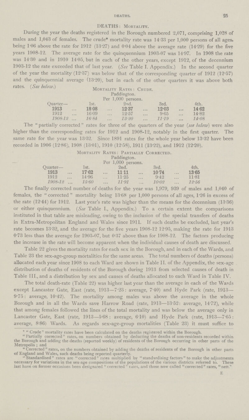 25 DEATHS. DEATHS: Mortality. During the year the deaths registered in the Borough numbered 2,071, comprising 1,028 of males and 1,043 of females. The crude* mortality rate was 14.33 per 1,000 persons of all ages, being T06 above the rate for 1912 (13.27) and 0.04 above the average rate (14.29) for the five years 1908-12. The average rate for the quinquennium 1903-07 was 14.97. In 1908 the rate was 14.30 and in 1910 14.05, but in each of the other years, except 1912, of the decennium 1903-12 the rate exceeded that of last year. (See Table I. Appendix.) In the second quarter of the year the mortality (12.37) was below that of the corresponding quarter of 1912 (12.57) and the quinquennial average (13.20), but in each of the other quarters it was above both rates. (See below.) Mortality Rates: Crude. Paddington. Per 1,000 persons. Quarter— 1st. 2nd. 3rd. 4th. 1913 18.08 12.37 12.03 14.62 1912 16.09 12.57 9.65 14.82 1908-12 16.84 13.20 11.19 14.08 The partially corrected rates for three of the quarters of the year (see below) were also higher than the corresponding rates for 1912 and 1908-12, notably in the first quarter. The same rate for the year was 13.32. Since 1891 rates for the whole year below 13.32 have been recorded in 1906 (12.86), 1908 (13.01), 1910 (12.58), 1911 (13.22), and 1912 (12.20). Mortality Rates: Partially Corrected. Paddington. Per 1,000 persons. Quarter— 1st. 2nd. 3rd. 4th. 1913 17.62 11.11 10.74 13.65 1912 14.96 11.25 9.42 11.81 1908-12 15.60 11.91 10.02 12.56 The finally corrected number of deaths for the year was 1,979, 939 of males and 1,040 of females, the corrected mortality being 13.68 per 1,000 persons of all ages, 1.26 in excess of the rate (12.44) for 1912. Last year's rate was higher than the means for the decennium (13.36) or either quinquennium. (See Table I., Appendix.) To a certain extent the comparisons instituted in that table are misleading, owing to the inclusion of the special transfers of deaths in Extra-Metropolitan England and Wales since 1911. If such deaths be excluded, last year's rate becomes 13.32, and the average for the five years 1908-12 12.95, making the rate for 1913 0.73 less than the average for 1903-07, but 0.37 above than for 1908-12. The factors producing the increase in the rate will become apparent when the individual causes of death are discussed. Table 22 gives the mortality rates for each sex in the Borough, and in each of the Wards, and Table 23 the sex-age-group mortalities for the same areas. The total numbers of deaths (persons) allocated each year since 1908 to each Ward are shown in Table II. of the Appendix, the sex-age distribution of deaths of residents of the Borough during 1913 from selected causes of death in Table III., and a distribution by sex and causes of deaths allocated to each Ward in Table IV. The total death-rate (Table 22) was higher last year than the average in each of the Wards except Lancaster Gate, East (rate, 1913—7.23: average, 7.40) and Hyde Park (rate, 1913— 9.75: average, 10.42). The mortality among males was above the average in the whole Borough and in all the Wards save Harrow Road (rate, 1913—13.52: average, 14.72), while that among females followed the lines of the total mortality and was below the average only in Lancaster Gate, East (rate, 1913—5.68: average, 6.10) and Hyde Park (rate, 1913—7.65: average, 8.86) Wards. As regards sex-age-group mortalities (Table 23) it must suffice to . Crude mortality rates have been calculated on the deaths registered within the Borough. Partially corrected rates, on numbers obtained by deducting the deaths of non-residents recorded within the Borough and adding the deaths (reported weekly) of residents of the Borough occurring in other parts of the Metropolis; and Corrected rates, on the numbers obtained by adding the deaths of residents of the Borough in other parts of England and Wales, such deaths being reported quarterly. Standardised rates are corrected rates multiplied by standardising factors to make the adjustments necessary for variations in the sex-age compositions of the populations of the various districts referred to. These last have on former occasions been designated  corrected  r.nes, and those now called corrected rates, nett. F.