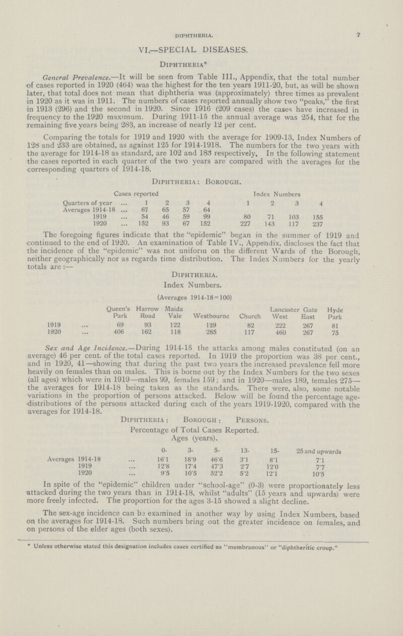 7 diphtheria. VI.—SPECIAL DISEASES. Diphtheria* General Prevalence.—It will be seen from Table III., Appendix, that the total number of cases reported in 1920 (464) was the highest for the ten years 1911-20, but, as will be shown later, that total does not mean that diphtheria was (approximately) three times as prevalent in 1920 as it was in 1911. The numbers of cases reported annually show two peaks, the first in 1913 (296) and the second in 1920. Since 1916 (209 cases) the cases have increased in frequency to the 1920 maximum. During 1911-15 the annual average was 254, that for the remaining five years being 283, an increase of nearly 12 per cent. Comparing the totals for 1919 and 1920 with the average for 1909-13, Index Numbers of 128 and 233 are obtained, as against 125 for 1914-1918. The numbers for the two years with the ayerage for 1914-18 as standard, are 102 and 183 respectively. In the following statement the cases reported in each quarter of the two years are compared with the averages for the corresponding quarters of 1914-18. Diphtheria: Borough. Cases reported Index Numbers Quarters of year 1 2 3 4 1 2 3 4 Averages 1914-18 67 65 57 64 1919 54 46 59 99 80 71 103 155 1920 152 93 67 152 227 143 117 237 The foregoing figures indicate that the epidemic began in the summer of 1919 and continued to the end of 1920. An examination of Table IV., Appendix, discloses the fact that the incidence of the epidemic was not uniform on the different Wards of the Borough, neither geographically nor as regards time distribution. The Index Numbers for the yearly totals are :— Diphtheria. Index Numbers. (Averages 1914-18 = 100) Queen's Park Harrow Road Maida Vale Westbourne Church Lancaster West Gate East Hyde Park 1919 69 93 122 129 82 222 267 81 1920 406 162 118 285 117 460 267 75 See and Age Incidence.—During 1914-18 the attacks among males constituted (on an average) 46 per cent, of the total cases reported. In 1919 the proportion was 38 per cent., and in 1920, 41—showing that during the past two years the increased prevalence fell more heavily on females than on males. This is borne out by the Index Numbers for the two sexes (all ages) which were in 1919—males 99, females 159 ; and in 1920—males 189, females 275— the averages for 1914-18 being taken as the standards. There were, also, some notable variations in the proportion of persons attacked. Below will be found the percentage age -distributions of the persons attacked during each of the years 1919-1920, compared with the averages for 1914-18. Diphtheria: Borough: Persons. Percentage of Total Cases Reported. Ages (years). 0- 3- 5- 13- 15- 25 and upwards Averages 1914-18 16.1 18.9 46.6 3.1 8.1 7.1 1919 12.8 17.4 47.3 2.7 12.0 7.7 1920 9.5 1.05 52.2 5.2 12.1 10.5 In spite of the epidemic children under school-age (0-3) were proportionately less attacked during the two years than in 1914-18, whilst adults (15 years and upwards) were more freely infected. The proportion for the ages 3-15 showed a slight decline. The sex-age incidence can be examined in another way by using Index Numbers, based on the averages for 1914-18. Such numbers bring out the greater incidence on females, and on persons of the elder ages (both sexes). * Unless otherwise stated this designation includes cases certified as membranous or diphtheritic croup.