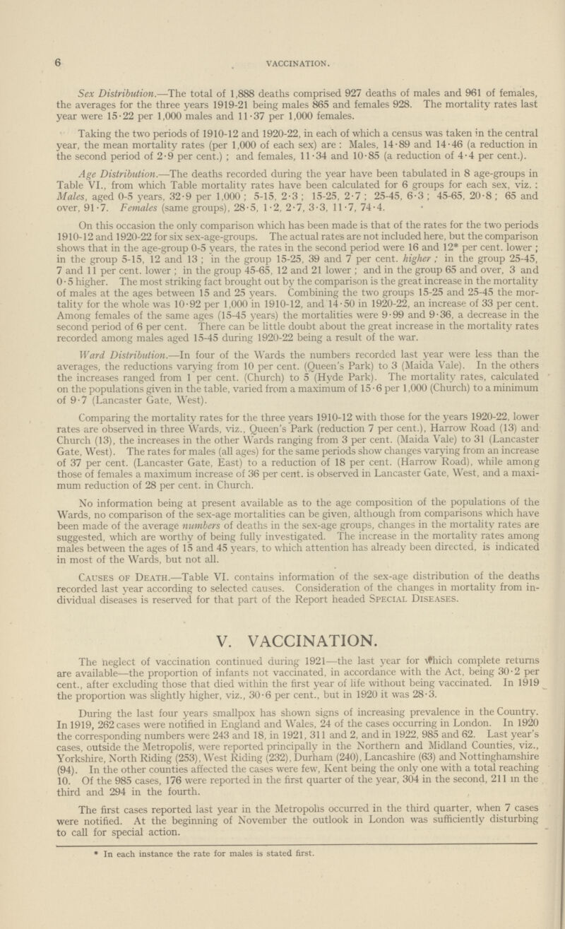 6 VACCINATION. Sex Distribution.—The total of 1,888 deaths comprised 927 deaths of males and 961 of females, the averages for the three years 1919.21 being males 865 and females 928. The mortality rates last year were 15.22 per 1,000 males and 11.37 per 1,000 females. Taking the two periods of 1910.12 and 1920.22, in each of which a census was taken in the central year, the mean mortality rates (per 1,000 of each sex) are : Males, 14.89 and 14.46 (a reduction in the second period of 2.9 per cent.); and females, 11.34 and 10.85 (a reduction of 4.4 per cent.). Age Distribution.—The deaths recorded during the year have been tabulated in 8 age.groups in Table VI., from which Table mortality rates have been calculated for 6 groups for each sex, viz.: Males, aged 0.5 years, 32.9 per 1,000; 5.15, 2.3; 15.25, 2.7; 25.45, 6.3; 45.65, 20.8; 65 and over, 91.7. Females (same groups), 28.5, 1.2, 2.7, 3.3, 11.7, 74.4. On this occasion the only comparison which has been made is that of the rates for the two periods 1910-12 and 1920.22 for six sex age.groups. The actual rates are not included here, but the comparison shows that in the age group 0.5 years, the rates in the second period were 16 and 12* per cent. lower; in the group 5-15, 12 and 13; in the group 15.25, 39 and 7 per cent. higher; in the group 25.45, 7 and 11 . lower ; in the group 45.65, 12 and 21 lower; and in the group 65 and over, 3 and 0.5 higher. The most striking fact brought out by the comparison is the great increase in the mortality of males at the ages between 15 and 25 years. Combining the two groups 15.25 and 25.45 the mor tality for the whole was 10.92 per 1,000 in 1910.12, and 14.50 in 1920.22, an increase of 33 per cent. Among females of the same ages (15.45 years) the mortalities were 9.99 and 9.36, a decrease in the second period of 6 per cent. There can be little doubt about the great increase in the mortality rates recorded among males aged 15-45 during 1920-22 being a result of the war. Ward Distribution.—In four of the Wards the numbers recorded last year were less than the averages, the reductions varying from 10 per cent. (Queen's Park) to 3 (Maida Vale). In the others the increases ranged from 1 per cent. (Church) to 5 (Hyde Park). The mortality rates, calculated on the populations given in the table, varied from a maximum of 15.6 per 1,000 (Church) to a minimum of 9.7 (Lancaster Gate, West). Comparing the mortality rates for the three years 1910.12 with those for the years 1920.22, lower rates are observed in three Wards, viz., Queen's Park (reduction 7 per cent.), Harrow Road (13) and Church (13), the increases in the other Wards ranging from 3 per cent. (Maida Vale) to 31 (Lancaster Gate, West). The rates for males (all ages) for the same periods show changes varying from an increase of 37 per cent. (Lancaster Gate, East) to a reduction of 18 per cent. (Harrow Road), while among those of females a maximum increase of 36 . is observed in Lancaster Gate, West, and a maxi mum reduction of 28 . in Church. No information being at present available as to the age composition of the populations of the Wards, no comparison of the sex.age mortalities can be given, although from comparisons which have been made of the average numbers of deaths in the sex.age groups, changes in the mortality rates are suggested, which are worthy of being fully investigated. The increase in the mortality rates among males between the ages of 15 and 45 years, to which attention has already been directed, is indicated in most of the Wards, but not all. Causes of Death.—Table VI. contains information of the sex.age distribution of the deaths recorded last year according to selected causes. Consideration of the changes in mortality from in dividual diseases is reserved for that part of the Report headed Special Diseases. V. VACCINATION. The neglect of vaccination continued during 1921—the last year for which complete returns are available—the proportion of infants not vaccinated, in accordance with the Act, being 30.2 per cent., after excluding those that died within the first year of life without being vaccinated. In 1919 the proportion was slightly higher, viz., 30.6 per cent., but in 1920 it was 28.3. During the last four years smallpox has shown signs of increasing prevalence in the Country. In 1919, 262 cases were notified in England and Wales, 24 of the cases occurring in London. In 1920 the corresponding numbers were 243 and 18, in 1921, 311 and 2, and in 1922, 985 and 62. Last year's cases, outside the Metropolis, were reported principally in the Northern and Midland Counties, viz., Yorkshire, North Riding (253), West Riding (232), Durham (240), Lancashire (63) and Nottinghamshire (94). In the other counties affected the cases were few, Kent being the only one with a total reaching 10. Of the 985 cases, 176 were reported in the first quarter of the year, 304 in the second, 211 in the third and 294 in the fourth. The first cases reported last year in the Metropolis occurred in the third quarter, when 7 cases were notified. At the beginning of November the outlook in London was sufficiently disturbing to call for special action. * In each instance the rate for males is stated first.