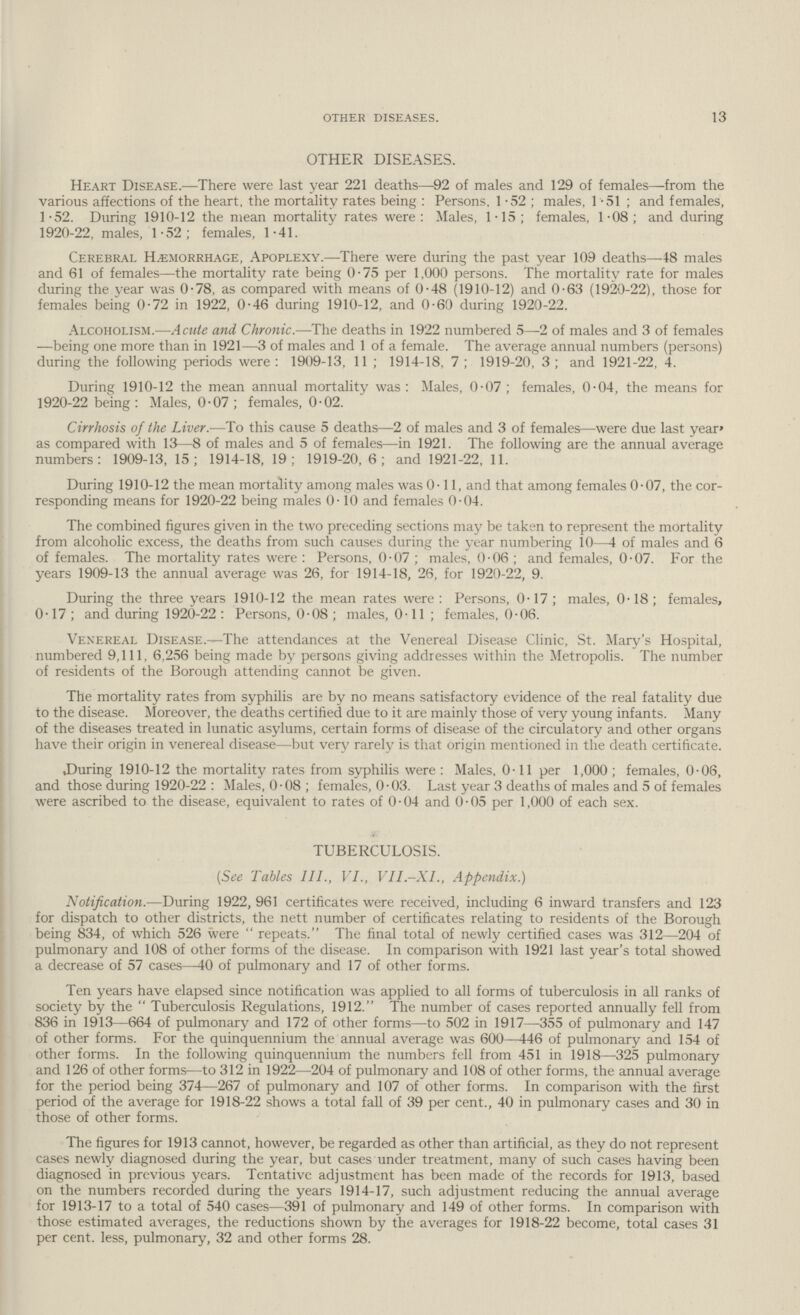 13 OTHER DISEASES. OTHER DISEASES. Heart Disease.—There were last year 221 deaths—92 of males and 129 of females—from the various affections of the heart, the mortality rates being : Persons, 1.52 ; males, 1.51 ; and females, 1.52. During 1910.12 the mean mortality rates were: Males, 1.15; females, 1.08; and during 1920-22, males, 1.52; females, 1.41. Cerebral Hemorrhage, Apoplexy.—There were during the past year 109 deaths—.48 males and 61 of females—the mortality rate being 0.75 per 1,000 persons. The mortality rate for males during the year was 0.78, as compared with means of 0.48 (1910-12) and 0.63 (1920-22), those for females being 0.72 in 1922, 0.46 during 1910-12, and 0.60 during 1920-22. Alcoholism.—Acute and Chronic.—The deaths in 1922 numbered 5—.2 of males and 3 of females —being one more than in 1921—3 of males and 1 of a female. The average annual numbers (persons) during the following periods were : 1909-13, 11; 1914-18, 7; 1919-20, 3 ; and 1921-22, 4. During 1910.12 the mean annual mortality was : Males, 0.07 ; females, 0.04, the means for 1920.22 being: Males, 0.07; females, 0.02. Cirrhosis of the Liver.—To this cause 5 deaths—2 of males and 3 of females—were due last year' as compared with 13—8 of males and 5 of females—in 1921. The following are the annual average numbers: 1909-13, 15; 1914-18, 19; 1919-20, 6; and 1921-22, 11. During 1910-12 the mean mortality among males was 0.11, and that among females 0.07, the cor responding means for 1920.22 being males 0.10 and females 0.04. The combined figures given in the two preceding sections may be taken to represent the mortality from alcoholic excess, the deaths from such causes during the year numbering 10—4 of males and 6 of females. The mortality rates were : Persons, 0.07; males, 0.06; and females, 0.07. For the years 1909.13 the annual average was 26, for 1914.18, 26, for 1920.22, 9. During the three years 1910.12 the mean rates were: Persons, 0.17; males, 0.18; females, 0.17; and during 1920-22 : Persons, 0.08 ; males, 0.11 ; females, 0.06. Venereal Disease.—.The attendances at the Venereal Disease Clinic, St. Mary's Hospital, numbered 9,111, 6,256 being made by persons giving addresses within the Metropolis. The number of residents of the Borough attending cannot be given. The mortality rates from syphilis are by no means satisfactory evidence of the real fatality due to the disease. Moreover, the deaths certified due to it are mainly those of very young infants. Many of the diseases treated in lunatic asylums, certain forms of disease of the circulatory and other organs have their origin in venereal disease—but very rarely is that origin mentioned in the death certificate. During 1910.12 the mortality rates from syphilis were : Males, 0.11 per 1,000; females, 0.06, and those during 1920.22 : Males, 0.08; females, 0.03. Last year 3 deaths of males and 5 of females were ascribed to the disease, equivalent to rates of 0.04 and 0.05 per 1,000 of each sex. TUBERCULOSIS. (See Tables III., VI., VII..XI., Appendix.) Notification.—During 1922, 961 certificates were received, including 6 inward transfers and 123 for dispatch to other districts, the nett number of certificates relating to residents of the Borough being 834, of which 526 were  repeats. The final total of newly certified cases was 312—204 of pulmonary and 108 of other forms of the disease. In comparison with 1921 last year's total showed a decrease of 57 cases—40 of pulmonary and 17 of other forms. Ten years have elapsed since notification was applied to all forms of tuberculosis in all ranks of society by the Tuberculosis Regulations, 1912. The number of cases reported annually fell from 836 in 1913—664 of pulmonary and 172 of other forms—to 502 in 1917—355 of pulmonary and 147 of other forms. For the quinquennium the annual average was 600—446 of pulmonary and 154 of other forms. In the following quinquennium the numbers fell from 451 in 1918—325 pulmonary and 126 of other forms—to 312 in 1922—204 of pulmonary and 108 of other forms, the annual average for the period being 374—267 of pulmonary and 107 of other forms. In comparison with the first period of the average for 1918.22 shows a total fall of 39 per cent., 40 in pulmonary cases and 30 in those of other forms. The figures for 1913 cannot, however, be regarded as other than artificial, as they do not represent cases newly diagnosed during the year, but cases under treatment, many of such cases having been diagnosed in previous years. Tentative adjustment has been made of the records for 1913, based on the numbers recorded during the years 1914.17, such adjustment reducing the annual average for 1913.17 to a total of 540 cases—391 of pulmonary and 149 of other forms. In comparison with those estimated averages, the reductions shown by the averages for 1918-22 become, total cases 31 . less, pulmonary, 32 and other forms 28.