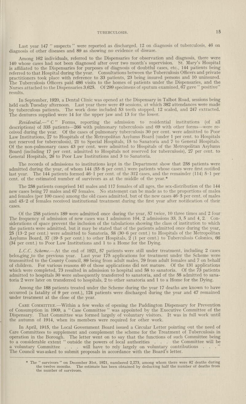 15 TUBERCULOSIS. Last year 147 suspects were reported as discharged, 12 on diagnosis of tuberculosis, 46 on diagnosis of other diseases and 89 as showing no evidence of disease. Among 162 individuals, referred to the Dispensaries for observation and diagnosis, there were 140 whose cases had not been diagnosed after over two month's supervision. St. Mary's Hospital is affiliated to the Dispensaries for purposes of diagnosis of doubtful cases, etc., 144 patients being referred to that Hospital during the year. Consultations between the Tuberculosis Officers and private practitioners took place with reference to 33 patients, 23 being insured persons and 10 uninsured. The Tuberculosis Officers paid 486 visits to the homes of patients under the Dispensaries, and the Nurses attached to the Dispensaries 3,625. Of 299 specimens of sputum examined, 67 gave  positive results. In September, 1920, a Dental Clinic was opened at the Dispensary in Talbot Road, sessions being held each Tuesday afternoon. Last year there were 49 sessions, at which 382 attendances were made by tuberculous patients. The work done included 53 teeth stopped, 12 scaled, and 247 extracted. The dentures supplied were 14 for the upper jaw and 13 for the lower. Residential.—C Forms, reporting the admission to residential institutions (of all descriptions) of 335 patients—266 with pulmonary tuberculosis and 69 with other forms—were re ceived during the year. Of the cases of pulmonary tuberculosis 30 . were admitted to Poor Law Institutions, 27 to Hospitals of the Metropolitan Asylums Board (under 1 . to Hospitals not reserved for tuberculosis), 21 to Special Hospitals, 15 to Sanatoria and 7 to General Hospitals. Of the non.pulmonary cases 43 . were admitted to Hospitals of the Metropolitan Asylums Board (including 17 . admitted to Hospitals not reserved for tuberculosis), 27 . to General Hospitals, 26 to Poor Law Institutions and 3 to Sanatoria. The records of admissions to institutions kept in the Department show that 258 patients were admitted during the year, of whom 144 (55.8 per cent.) were patients whose cases were first notified last year. The 144 patients formed 46.1 . of the 312 cases, and the remainder (114) 5.1 . of the estimated number of survivors as at the middle of the year.* The 258 patients comprised 141 males and 117 females of all ages, the sex.distribution of the 144 new cases being 77 males and 67 females. No statement can be made as to the proportions of males and females (per 100 cases) among the old cases admitted, but of the new cases 46.5 . of males and 45.2 of females received institutional treatment during the first year after notification of their cases. Of the 258 patients 189 were admitted once during the year, 57 twice, 10 three times and 2 four The frequency of admission of new cases was 1 admission 104, 2 admissions 33, 3, 5 and 4, 2. Con siderations of space prevent the inclusion of the tabulations showing the class of institution to which the patients were admitted, but it may be stated that of the patients admitted once during the year, 25 (13.2 per cent.) were admitted to Sanatoria, 58 (30.6 per cent.) to Hospitals of the Metropolitan Asylums Board, 37 (19.5 per cent.) to other Hospitals, 2 (1 per cent.) to Tuberculosis Colonies, 66 (34 per cent.) to Poor Law Institutions and 1 to a Home for the Dying. L.C.C. Scheme.—At the end of 1921, 57 patients were still under treatment, including 2 cases belonging to the previous year. Last year 175 applications for treatment under the Scheme were transmitted to the County Council, 89 being from adult males, 79 from adult females and 7 on behalf of children. For various reasons 40 of those applications did not mature. Of the 131 applications which were completed, 73 resulted in admission to hospital and 58 to sanatoria. Of the 73 patients admitted to hospitals 30 were subsequently transferred to sanatoria, and of the 58 admitted to sana toria 2 were later on transferred to hospitals, 2 to other sanatoria and 1 to a Home for the Dying. Among the 188 patients treated under the Scheme during the year 17 deaths are known to have occurred (a fatality of 9 per cent.), 124 patients were discharged during the year and 47 remained under treatment at the close of the year. Care Committee.—Within a few weeks of opening the Paddington Dispensary for Prevention of Consumption in 1909, a Case Committee was appointed by the Executive Committee of the Dispensary. That Committee was formed largely of voluntary visitors. It was in full work until the autumn of 1914, when its members were required for other work. In April, 1915, the Local Government Board issued a Circular Letter pointing out the need of Care Committees to supplement and complement the scheme for the Treatment of Tuberculosis in operation in the Borough. The letter went on to say that the functions of such Committee being to a considerable extent outside the powers of local authorities . . . the Committee will be a voluntary Committee . . . will have to rely largely on voluntary contributions . . The Council was asked to submit proposals in accordance with the Board's letter. * The survivors on December 31st, 1921, numbered 2,273, among whom there were 82 deaths during the twelve months. The estimate has been obtained by deducting half the number of deaths from the number of survivors.