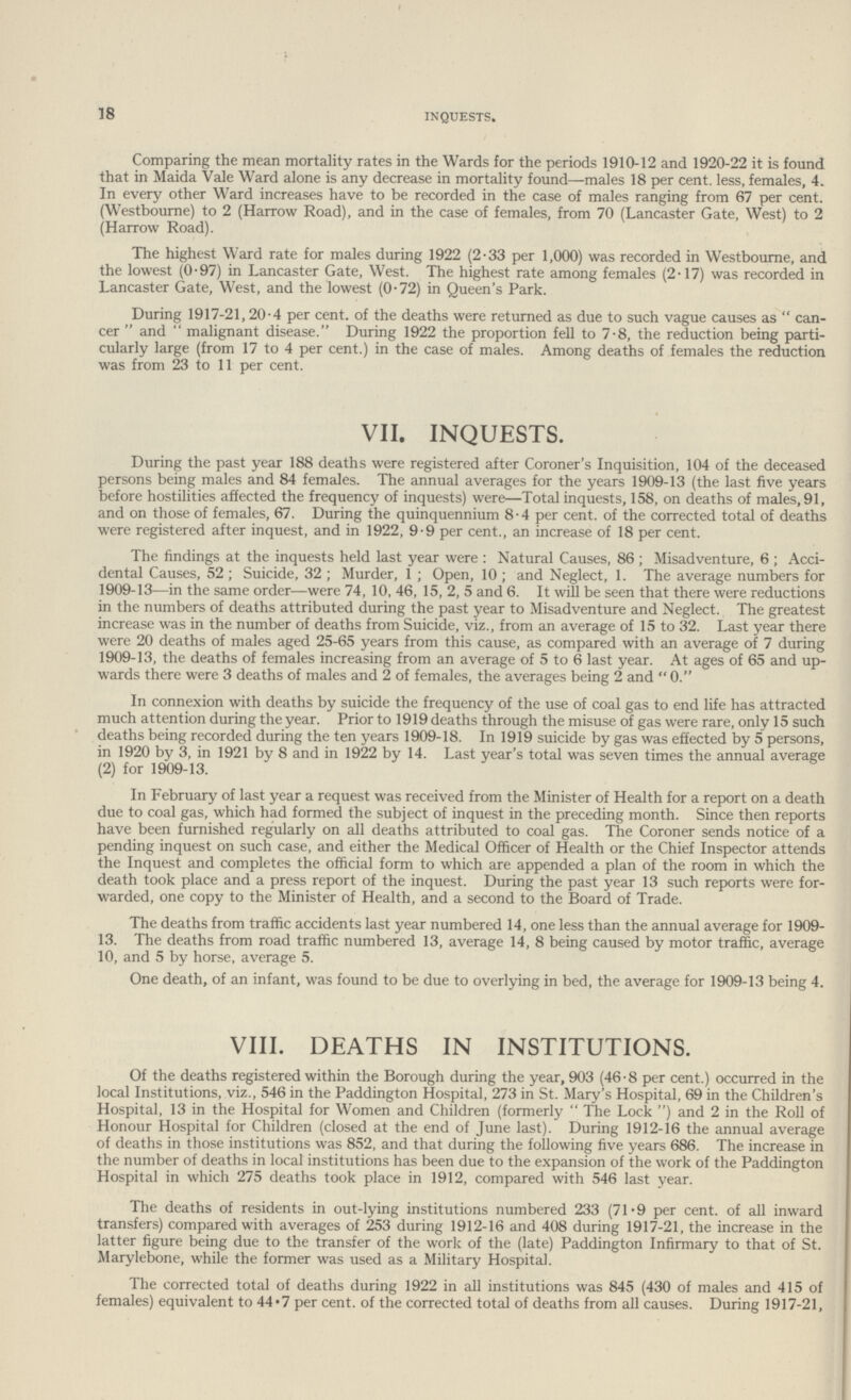 18 inquests. Comparing the mean mortality rates in the Wards for the periods 1910.12 and 1920.22 it is found that in Maida Vale Ward alone is any decrease in mortality found—males 18 . less, females, 4. In every other Ward increases have to be recorded in the case of males ranging from 67 per cent. (Westbourne) to 2 (Harrow Road), and in the case of females, from 70 (Lancaster Gate, West) to 2 (Harrow Road). The highest Ward rate for males during 1922 (2.33 per 1,000) was recorded in Westbourne, and the lowest (0.97) in Lancaster Gate, West. The highest rate among females (2.17) was recorded in Lancaster Gate, West, and the lowest (0.72) in Queen's Park. During 1917-21, 20.4 per cent. of the deaths were returned as due to such vague causes as can cer and malignant disease. During 1922 the proportion fell to 7.8, the reduction being parti cularly large (from 17 to 4 per cent.) in the case of males. Among deaths of females the reduction was from 23 to 11 per cent. VII. INQUESTS. During the past year 188 deaths were registered after Coroner's Inquisition, 104 of the deceased persons being males and 84 females. The annual averages for the years 1909.13 (the last five years before hostilities affected the frequency of inquests) were—Total inquests, 158, on deaths of males, 91, and on those of females, 67. During the quinquennium 8.4 per cent. of the corrected total of deaths were registered after inquest, and in 1922, 9.9 per cent., an increase of 18 per cent. The findings at the inquests held last year were : Natural Causes, 86; Misadventure, 6; Acci dental Causes, 52; Suicide, 32; Murder, 1; Open, 10; and Neglect, 1. The average numbers for 1909.13—in the same order—were 74, 10, 46, 15, 2, 5 and 6. It will be seen that there were reductions in the numbers of deaths attributed during the past year to Misadventure and Neglect. The greatest increase was in the number of deaths from Suicide, viz., from an average of 15 to 32. Last year there were 20 deaths of males aged 25.65 years from this cause, as compared with an average of 7 during 1909-13, the deaths of females increasing from an average of 5 to 6 last year. At ages of 65 and up wards there were 3 deaths of males and 2 of females, the averages being 2 and 0. In connexion with deaths by suicide the frequency of the use of coal gas to end life has attracted much attention during the year. Prior to 1919 deaths through the misuse of gas were rare, only 15 such deaths being recorded during the ten years 1909.18. In 1919 suicide by gas was effected by 5 persons, in 1920 by 3, in 1921 by 8 and in 1922 by 14. Last year's total was seven times the annual average (2) for 1909.13. In February of last year a request was received from the Minister of Health for a report on a death due to coal gas, which had formed the subject of inquest in the preceding month. Since then reports have been furnished regularly on all deaths attributed to coal gas. The Coroner sends notice of a pending inquest on such case, and either the Medical Officer of Health or the Chief Inspector attends the Inquest and completes the official form to which are appended a plan of the room in which the death took place and a press report of the inquest. During the past year 13 such reports were for warded, one copy to the Minister of Health, and a second to the Board of Trade. The deaths from traffic accidents last year numbered 14, one less than the annual average for 1909. 13. The deaths from road traffic numbered 13, average 14, 8 being caused by motor traffic, average 10, and 5 by horse, average 5. One death, of an infant, was found to be due to overlying in bed, the average for 1909.13 being 4. VIII. DEATHS IN INSTITUTIONS. Of the deaths registered within the Borough during the year, 903 (46.8 per cent.) occurred in the local Institutions, viz., 546 in the Paddington Hospital, 273 in St. Mary's Hospital, 69 in the Children's Hospital, 13 in the Hospital for Women and Children (formerly  The Lock ) and 2 in the Roll of Honour Hospital for Children (closed at the end of June last). During 1912.16 the annual average of deaths in those institutions was 852, and that during the following five years 686. The increase in the number of deaths in local institutions has been due to the expansion of the work of the Paddington Hospital in which 275 deaths took place in 1912, compared with 546 last year. The deaths of residents in out.lying institutions numbered 233 (71.9 . of all inward transfers) compared with averages of 253 during 1912-16 and 408 during 1917-21, the increase in the latter figure being due to the transfer of the work of the (late) Paddington Infirmary to that of St. Marylebone, while the former was used as a Military Hospital. The corrected total of deaths during 1922 in all institutions was 845 (430 of males and 415 of females) equivalent to 44.7 per cent. of the corrected total of deaths from all causes. During 1917.21,