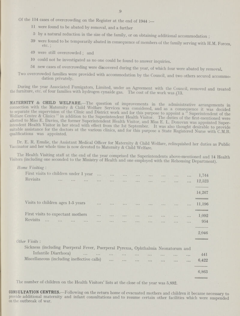 9 Of the 114 cases of overcrowding on the Register at the end of 1944 :— 11 were found to be abated by removal, and a further 5 by a natural reduction in the size of the family, or on obtaining additional accommodation ; 39 were found to be temporarily abated in consequence of members of the family serving with H.M. Forces, etc.; 49 were still overcrowded; and 10 could not be investigated as no one could be found to answer inquiries. 54 new cases of overcrowding were discovered during the year, of which four were abated by removal. Two overcrowded families were provided with accommodation by the Council, and two others secured accommo dation privately. During the year Associated Fumigators, Limited, under an Agreement with the Council, removed and treated the furniture, etc. of four families with hydrogen cynaide gas. The cost of the work was £13. maternity & child welfare.—The question of improvements in the administrative arrangements in connection with the Maternity & Child Welfare Services was considered, and as a consequence it was decided to separate the supervision of the Clinic and District work and for this purpose to appoint a  Superintendent of the Welfare Centre & Clinics  in addition to the Superintendent Health Visitor. The duties of the first-mentioned were allotted to Miss E. Davies, the former Superintendent Health Visitor, and Miss E. L. Donovan was appointed Super intendent Health Visitor in her stead with effect from the 1st September. It was also thought desirable to provide suitable assistance for the doctors at the various clinics, and for this purpose a State Registered Nurse with C.M.B. qualifications was appointed. Dr. E. R. Emslie, the Assistant Medical Officer for Maternity & Child Welfare, relinquished her duties as Public Vaccinator and her whole time is now devoted to Maternity & Child Welfare. The Health Visiting staff at the end of the year comprised the Superintendents above-mentioned and 14 Health Visitors (including one seconded to the Ministry of Health and one employed with the Rehousing Department). Home Visiting : First visits to children under 1 year 1,744 Revisits 12,523 14,267 Visits to children ages 1-5 years 11,196 First visits to expectant mothers 1,092 Revisits 954 2,046 Other Visits : Sickness (including Puerperal Fever, Puerperal Pyrexia, Ophthalmia Neonatorum and Infantile Diarrhœa) 441 Miscellaneous (including ineffective calls) 6,422 6,863 The number of children on the Health Visitors' lists at the close of the year was 5,892. consultation centres.—Following on the return home of evacuated mothers and children it became necessary to provide additional maternity and infant consultations and to resume certain other facilities which were suspended on the outbreak of war.